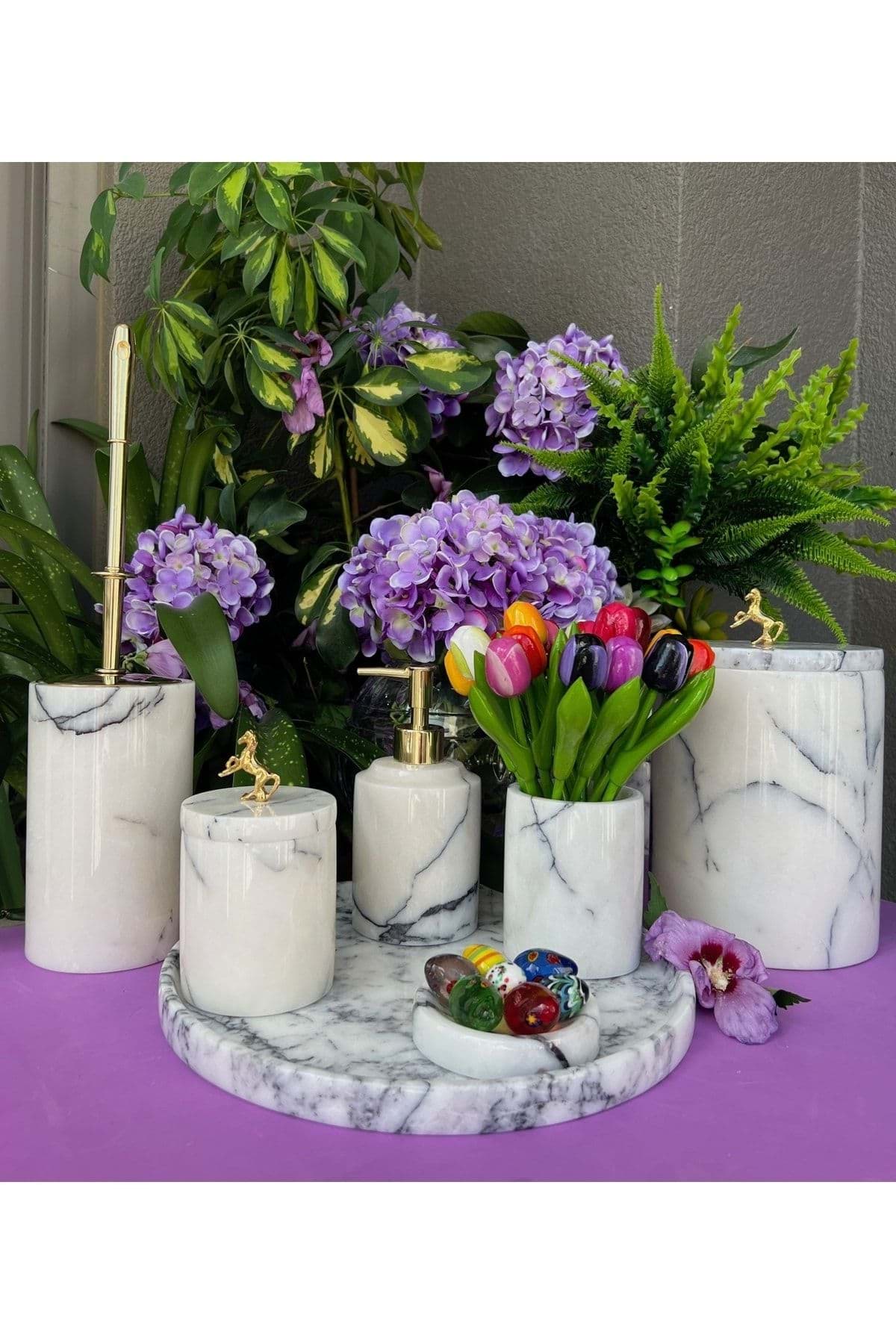 Dekoratif Leylak Beyaz Mermer Gold At Detaylı 7 Li Banyo Seti Takımı resmi