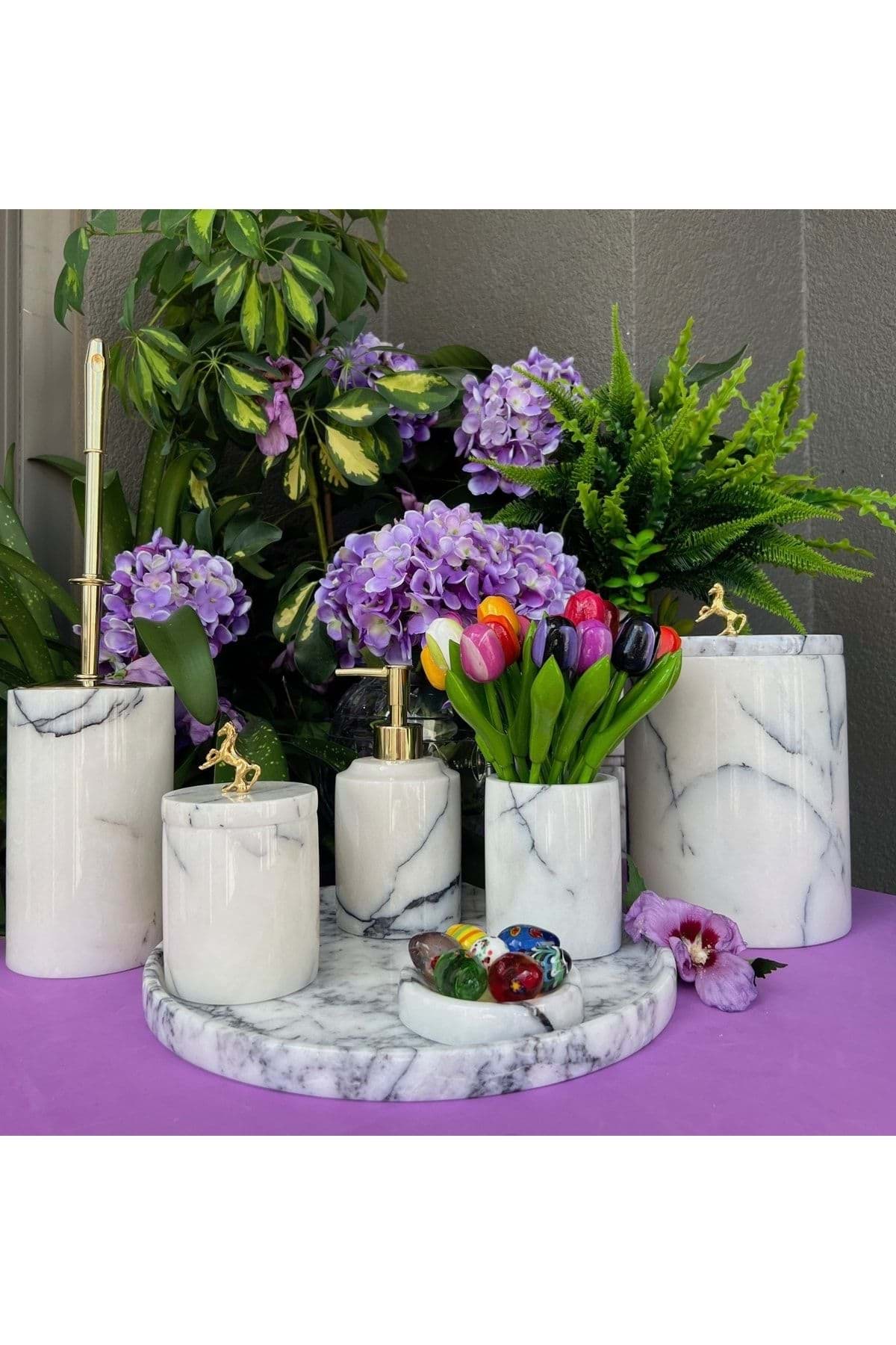 Dekoratif Leylak Beyaz Mermer Gold At Detaylı 7 Li Banyo Seti Takımı resmi