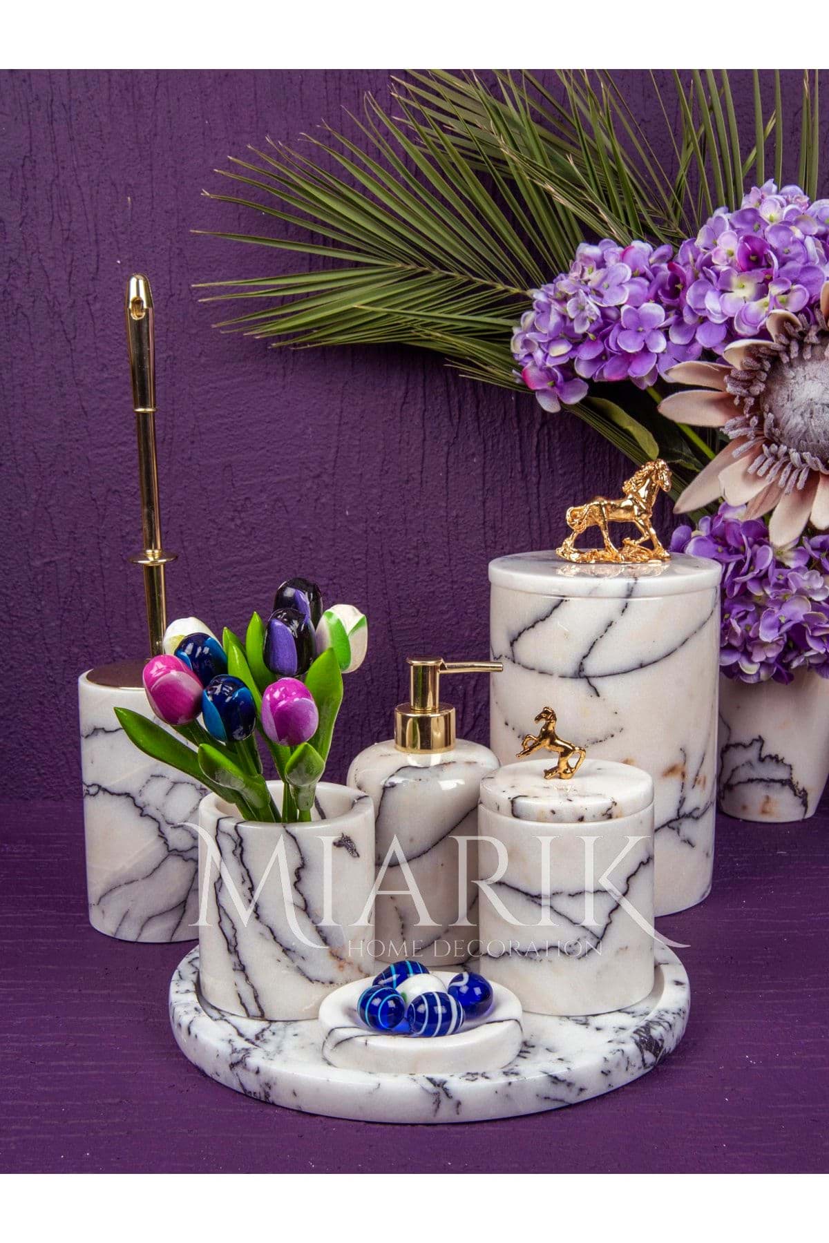 Dekoratif Leylak Beyaz Mermer Gold Buyuk At Detaylı 7 Li Banyo Seti Takımı resmi