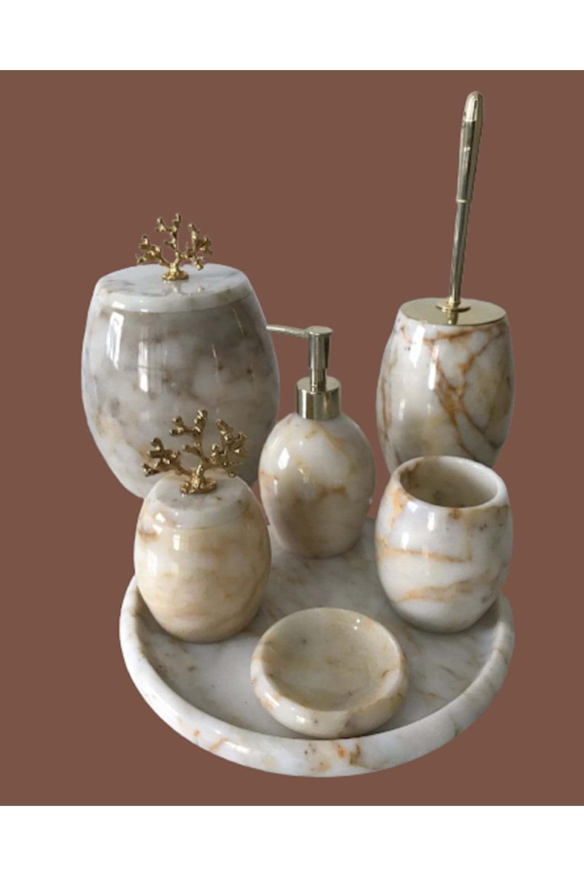 Dekoratif Menekse Beyaz Sari Damarli Mermer Banyo Seti Takımı Gold Detaylı 7li Tasarım Set resmi