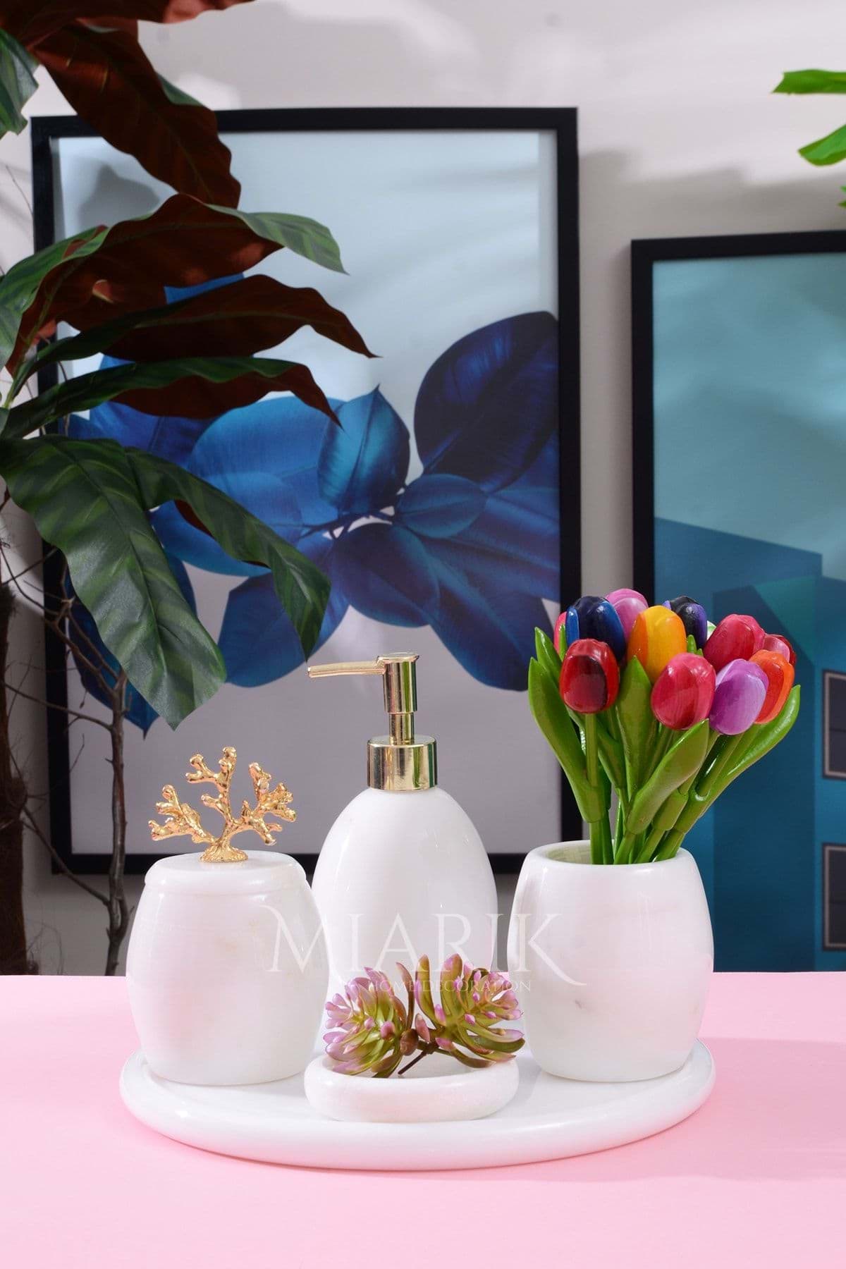 Dekoratif Beyaz Mermer Banyo Seti Takımı 5 Li Tasarım Set resmi