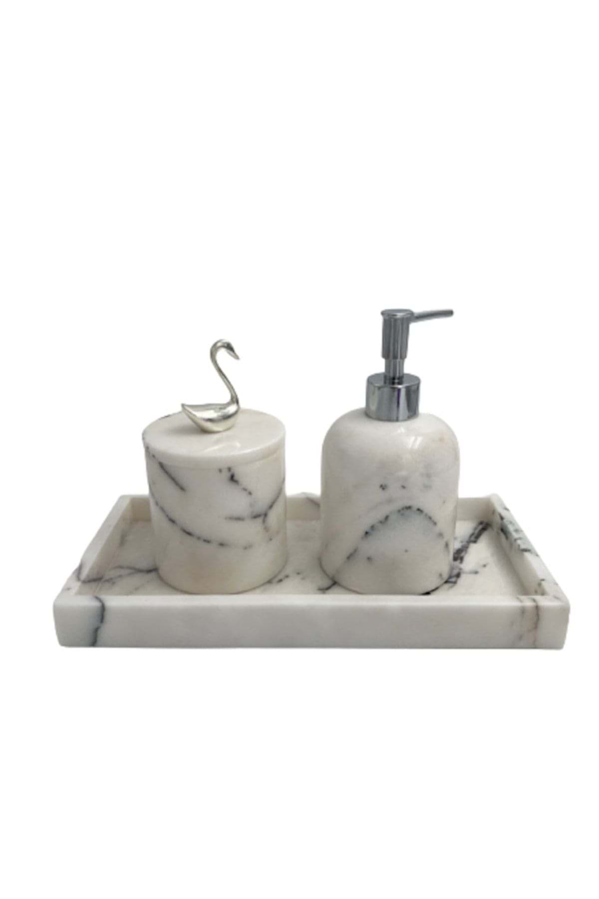 Dekoratif Leylak Mermer Gümüş Sılver Kuğu Detaylı Dikdortgen Tepsı 3 Lu Banyo Seti Takımı resmi