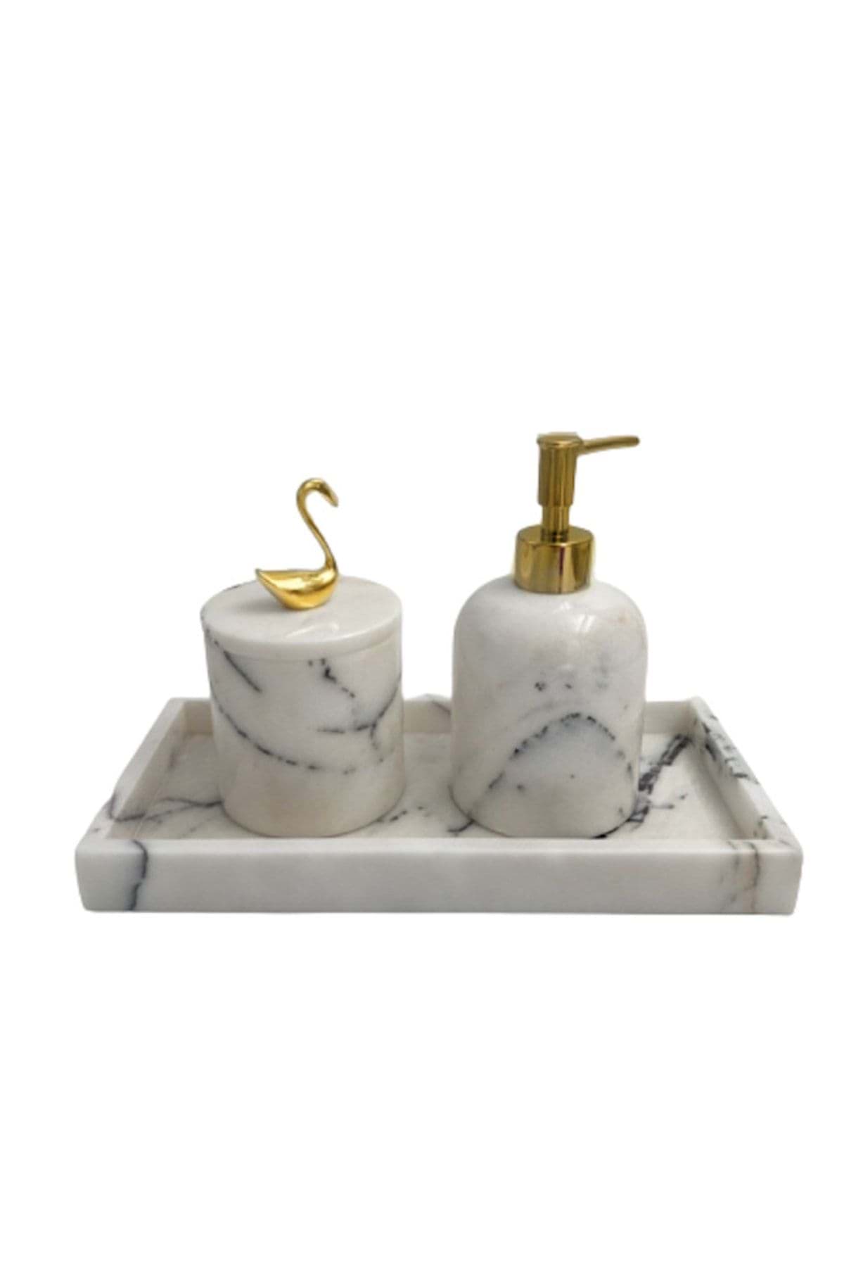 Dekoratif Leylak Mermer Altın Gold Kuğu Detaylı Dikdortgen Tepsı 3 Lu Banyo Seti Takımı resmi