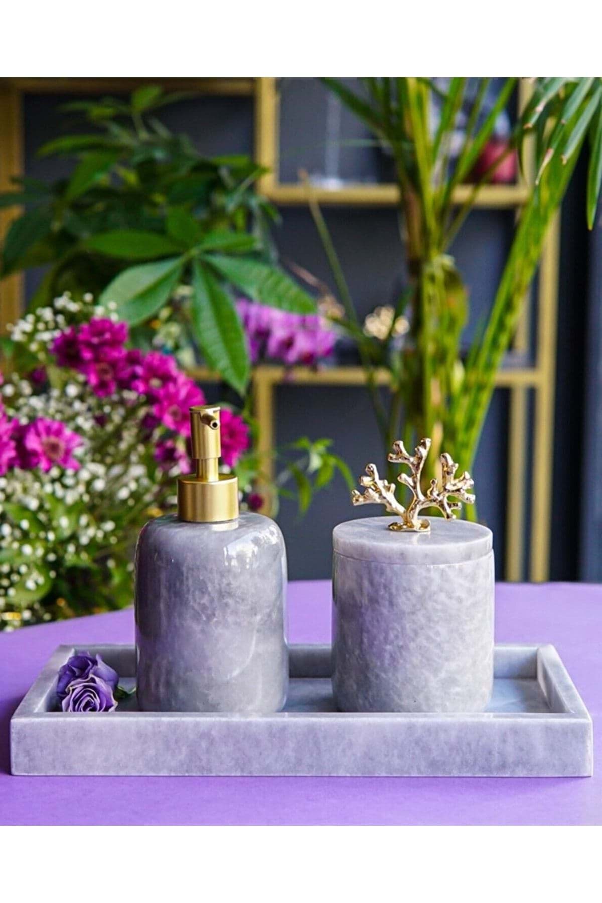 Dekoratif Grı Mermer Gold Altın Mercan Detaylı Dikdortgen Tepsı 3 Lu Banyo Seti Takımı resmi