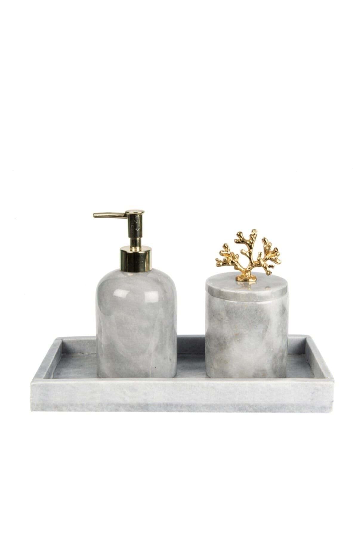 Dekoratif Grı Mermer Gold Altın Mercan Detaylı Dikdortgen Tepsı 3 Lu Banyo Seti Takımı resmi