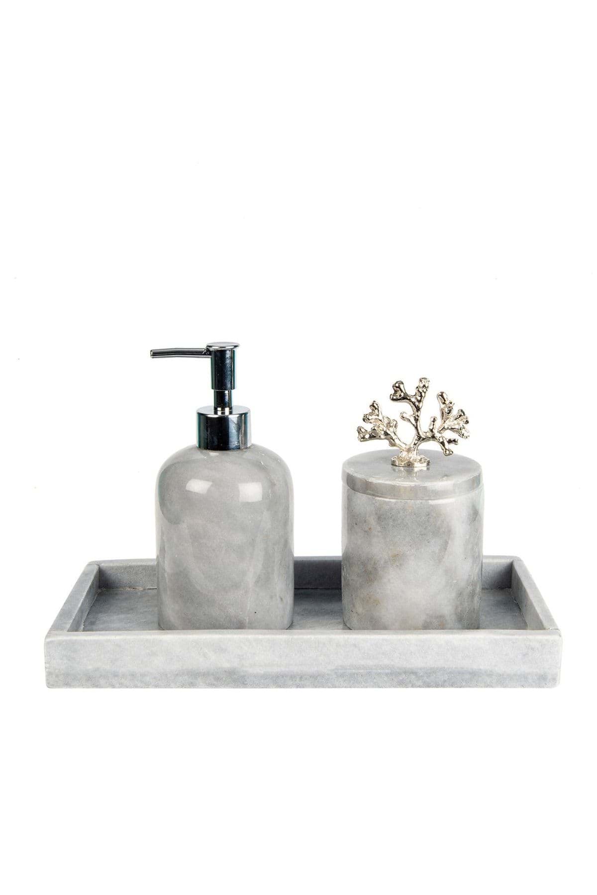 Dekoratif Grı Mermer Gümüş Sılver Mercan Detaylı Dikdortgen Tepsı 3 Lu Banyo Seti Takımı resmi