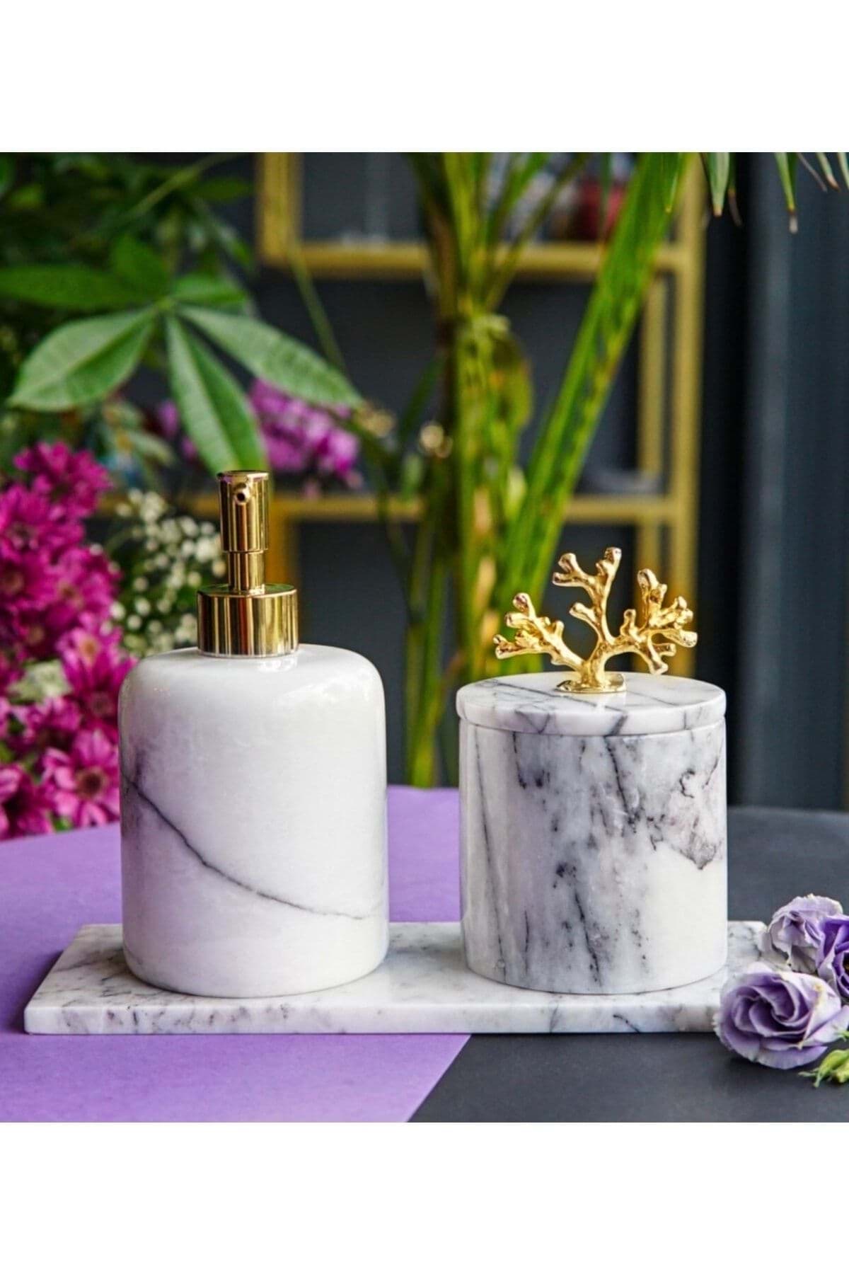 Dekoratif Leylak Mermer Gold Altın Mercan Detaylı 3 Lu Banyo Seti Takımı resmi