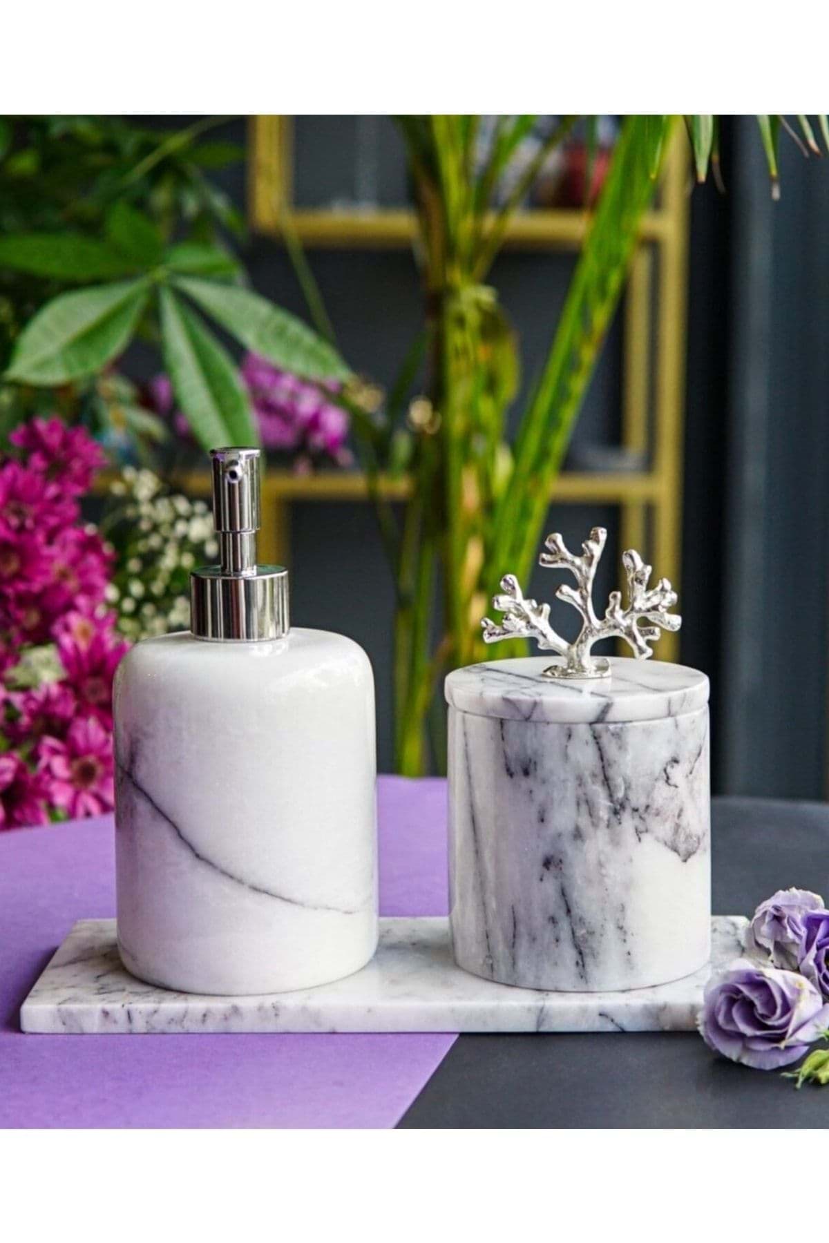 Dekoratif Leylak Mermer Sılver Mercan Detaylı 3 Lu Banyo Seti Takımı resmi