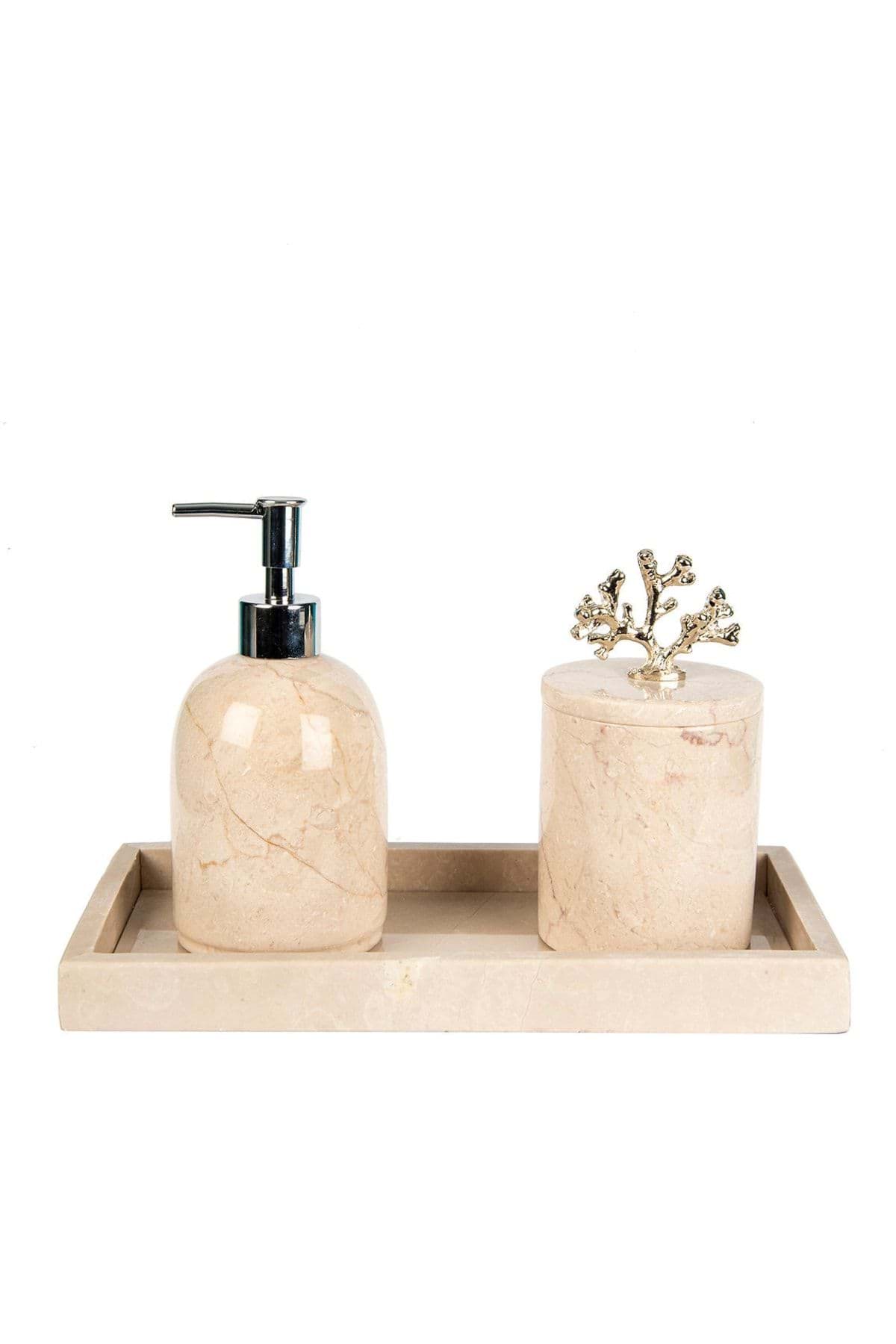 Dekoratif Bej Mermer Gümüş Sılver Mercan Detaylı Dikdortgen Tepsı 3 Lu Banyo Seti Takımı resmi