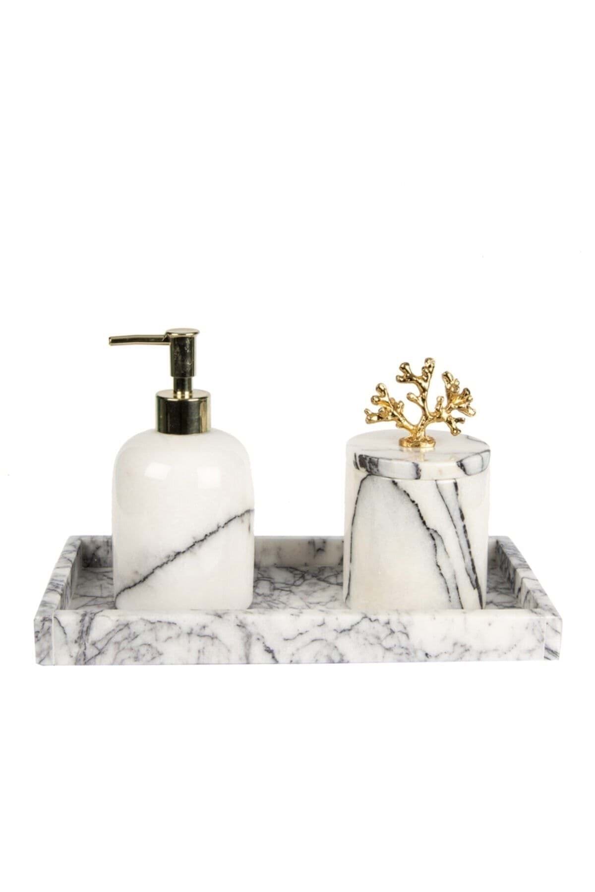 Dekoratif Leylak Mermer Gold Altın Mercan Detaylı Dikdortgen Tepsı 3 Lu Banyo Seti Takımı resmi