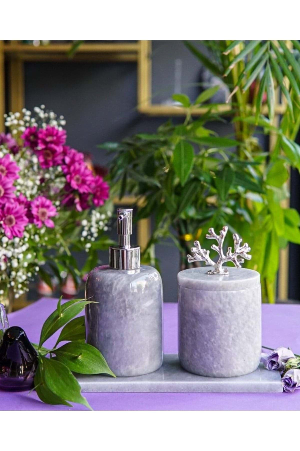 Dekoratif Grı Mermer Sılver Mercan Detaylı 3 Lu Banyo Seti Takımı resmi