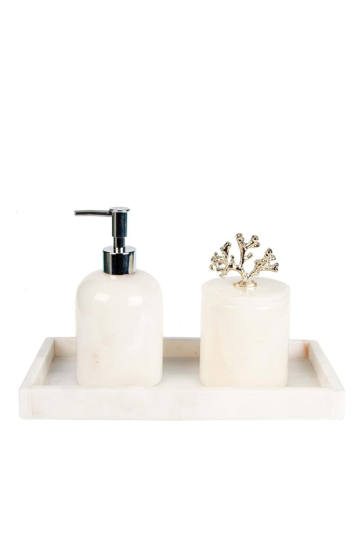 Dekoratif Beyaz Mermer Gümüş Sılver Mercan Detaylı Dikdortgen Tepsı 3 Lu Banyo Seti Takımı resmi