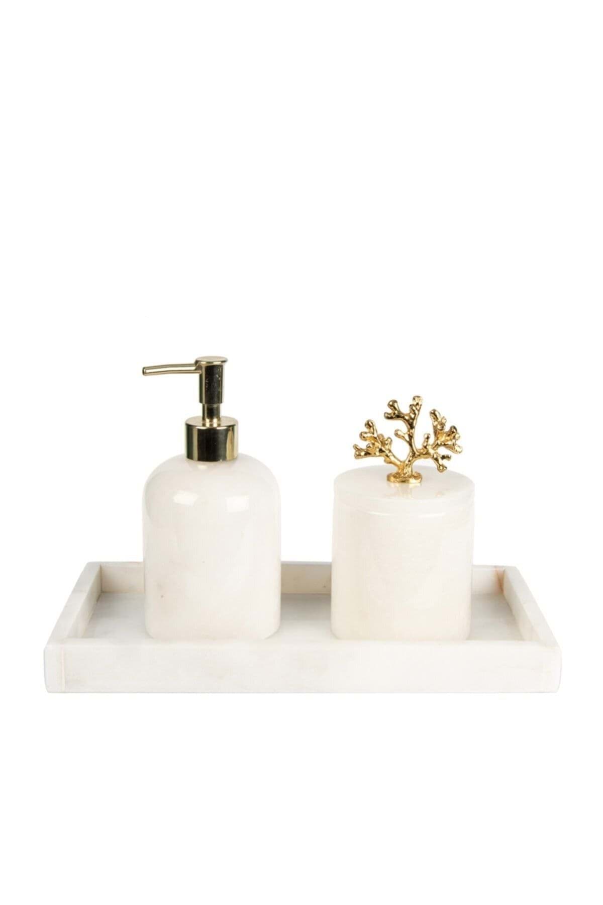 Dekoratif Beyaz Mermer Gold Altın Mercan Detaylı Dikdortgen Tepsı 3 Lu Banyo Seti Takımı resmi