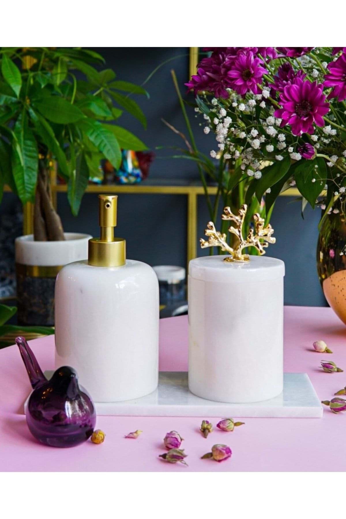 Dekoratif Beyaz Mermer Gold Mercan Detaylı 3 Lu Banyo Seti Takımı resmi