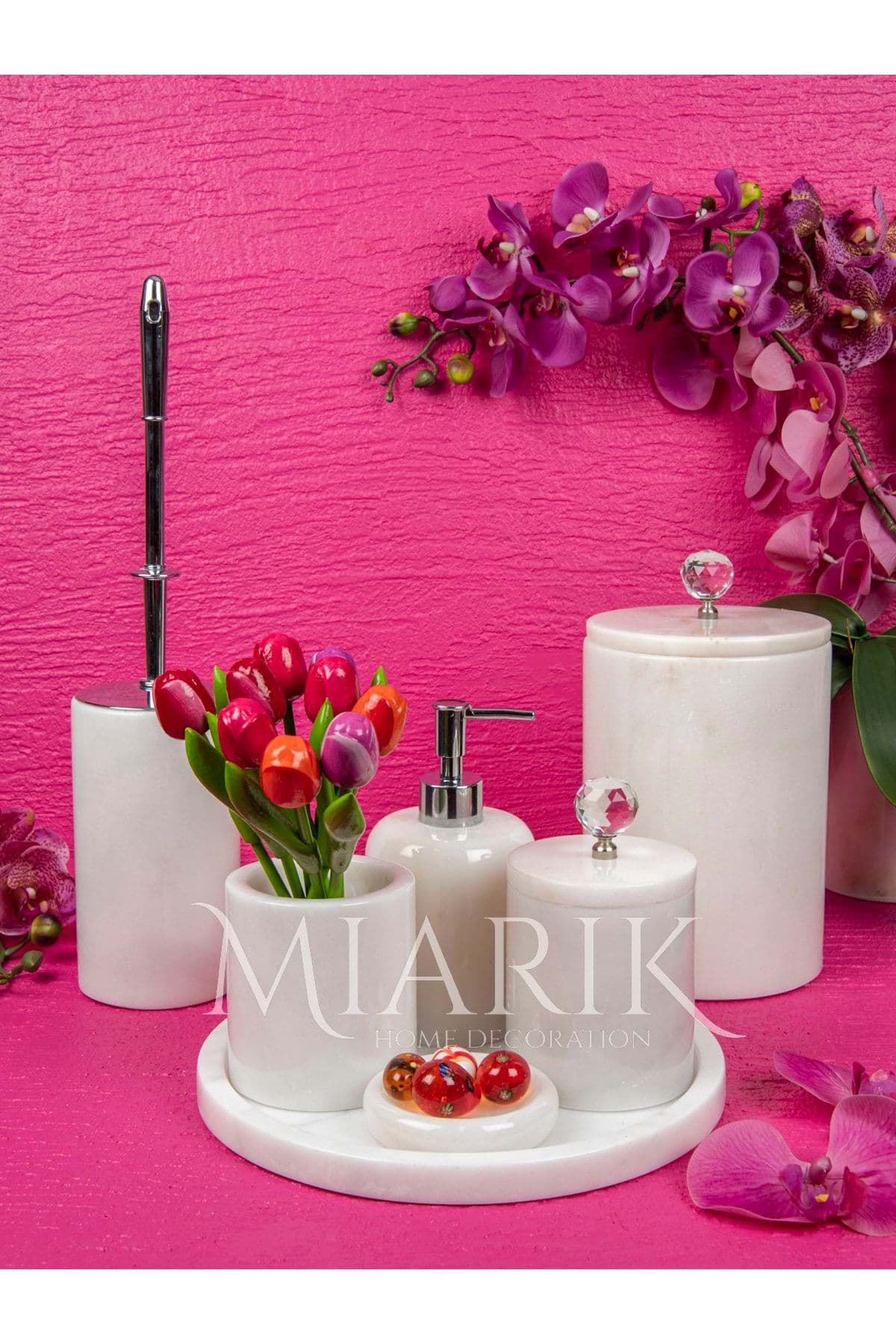 Dekoratif Beyaz Mermer Gumus Kristal Detaylı 7 Li Banyo Seti Takımı resmi