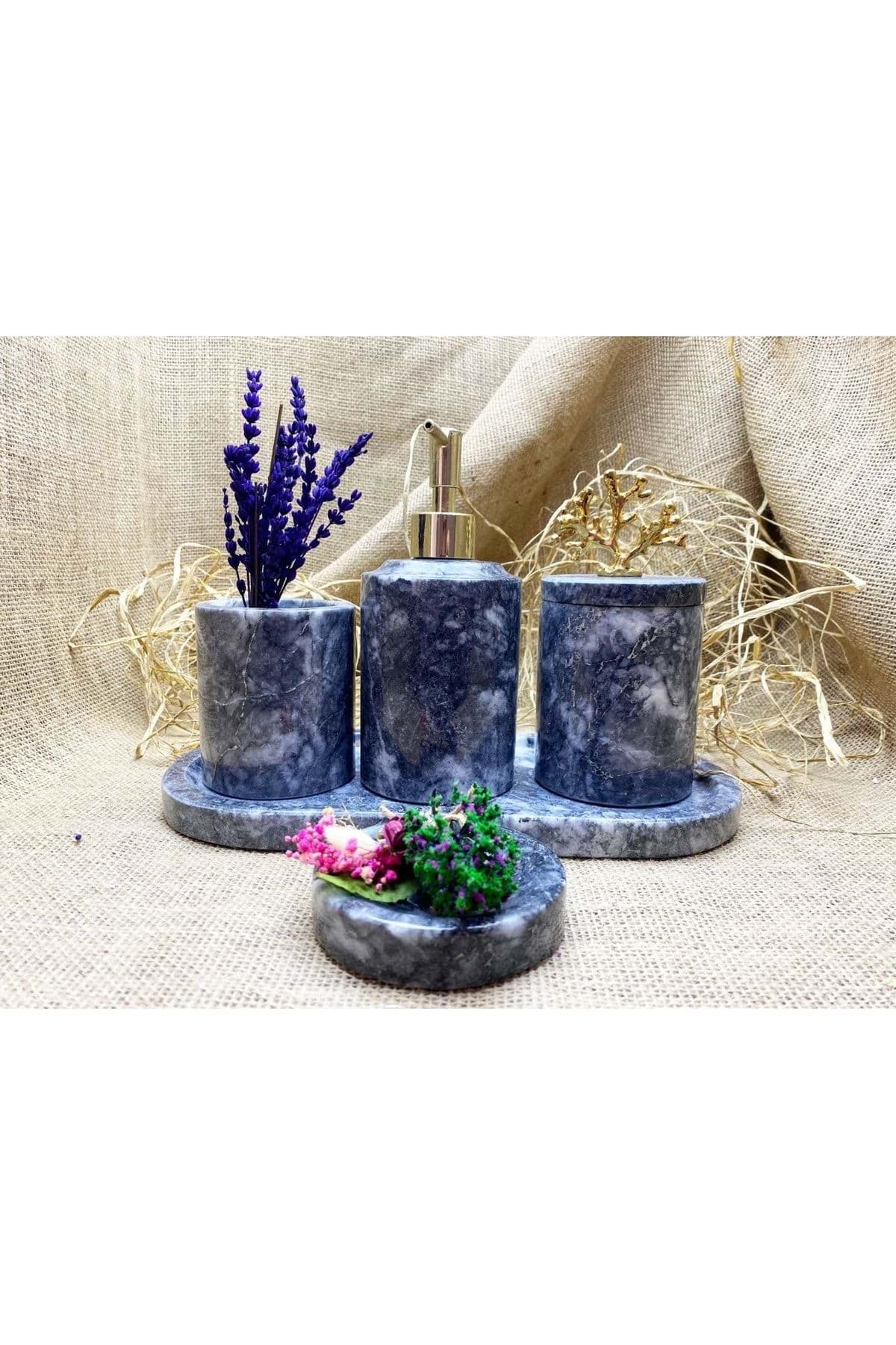 Dekoratif Koyu Grı Bursa Sıyahı Mermer Gold Mercan Detaylı 5 Li Banyo Seti Takımı resmi