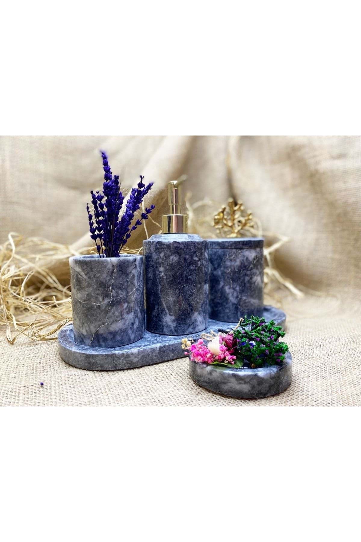 Dekoratif Koyu Grı Bursa Sıyahı Mermer Gold Mercan Detaylı 5 Li Banyo Seti Takımı resmi