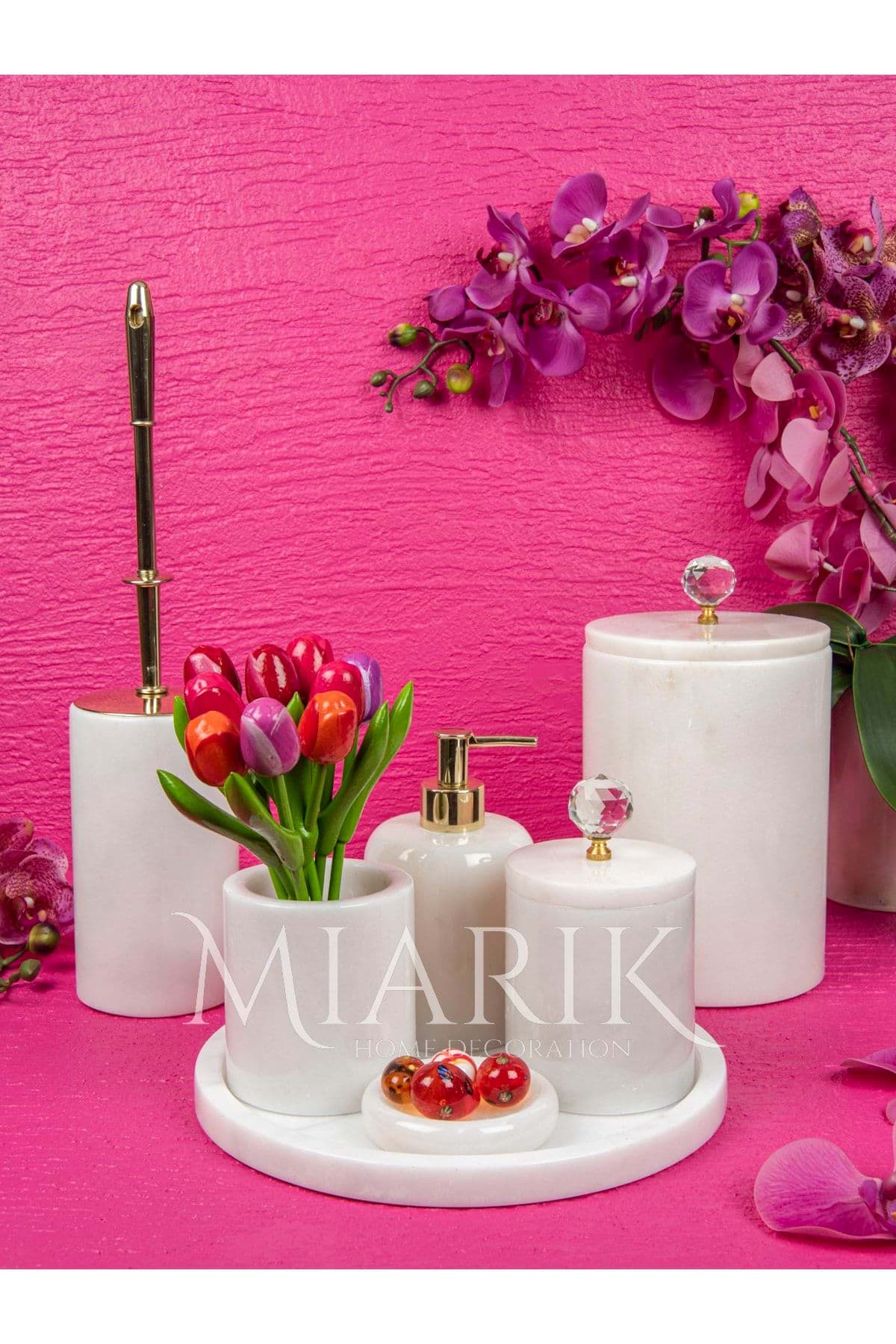 Dekoratif Beyaz Mermer Gold Kristal Detaylı 7 Li Banyo Seti Takımı resmi