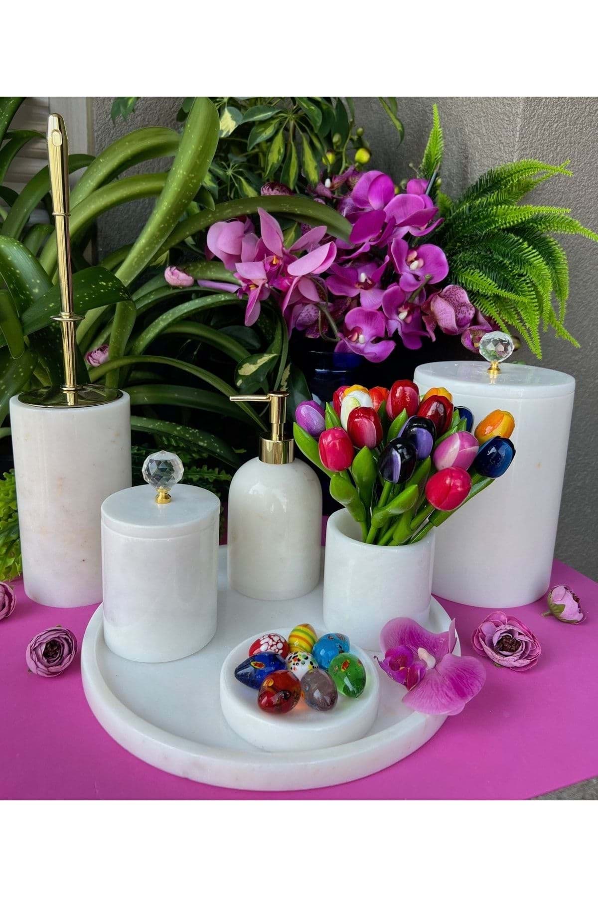 Dekoratif Beyaz Mermer Gold Kristal Detaylı 7 Li Banyo Seti Takımı resmi