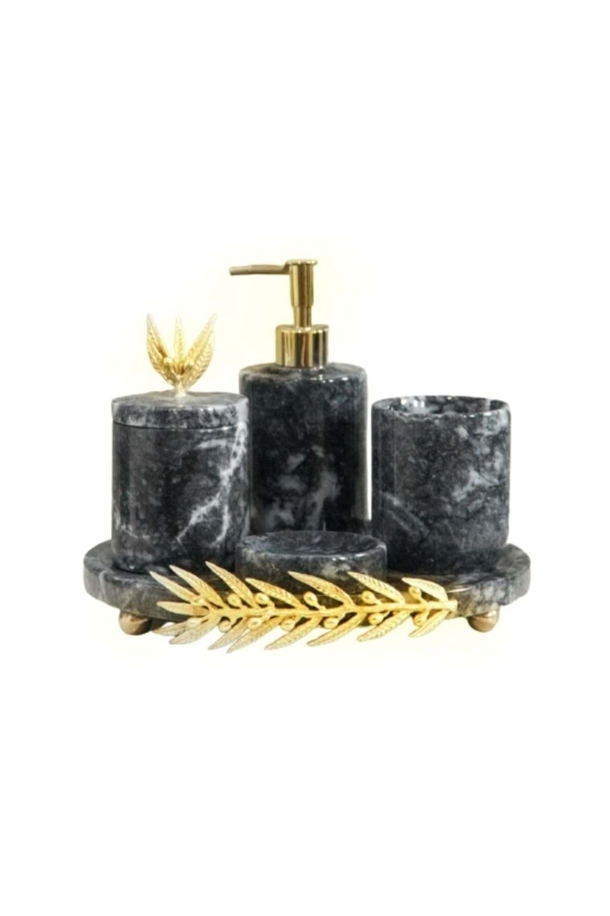 Dekoratif Gri Mermer Gold Zeytin Dalı Detaylı 7 Li Banyo Seti Takımı resmi