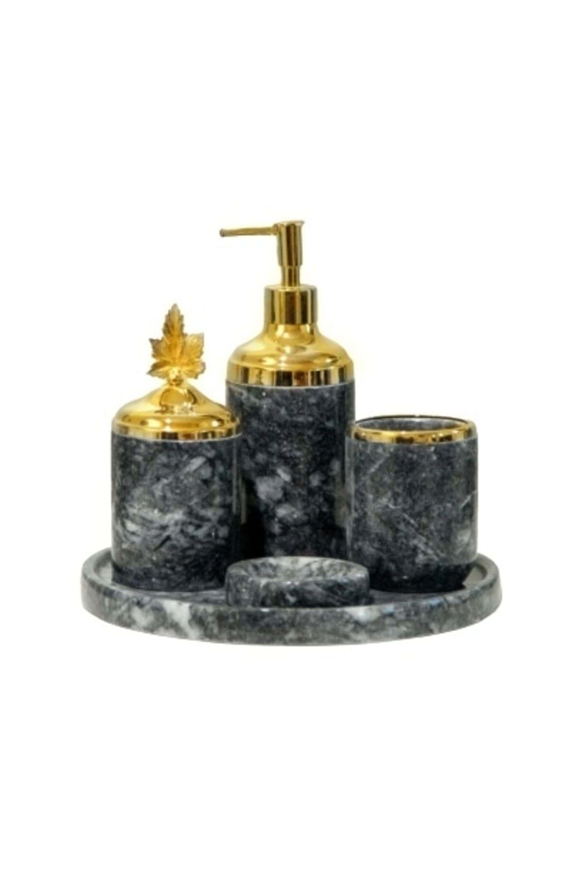 Dekoratif Koyu Grı Gri Mermer Gold Yaprak Detaylı 5 Li Banyo Seti Takımı resmi
