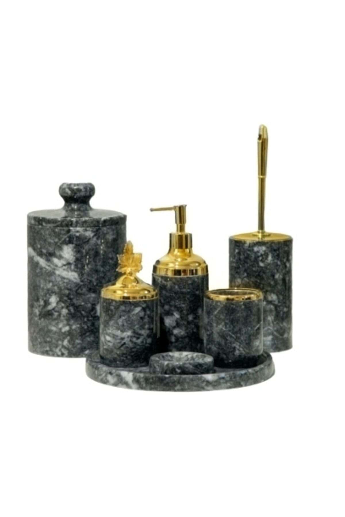 Dekoratif Koyu Gri Mermer Gold Yaprak Detaylı 7 Li Banyo Seti Takımı resmi