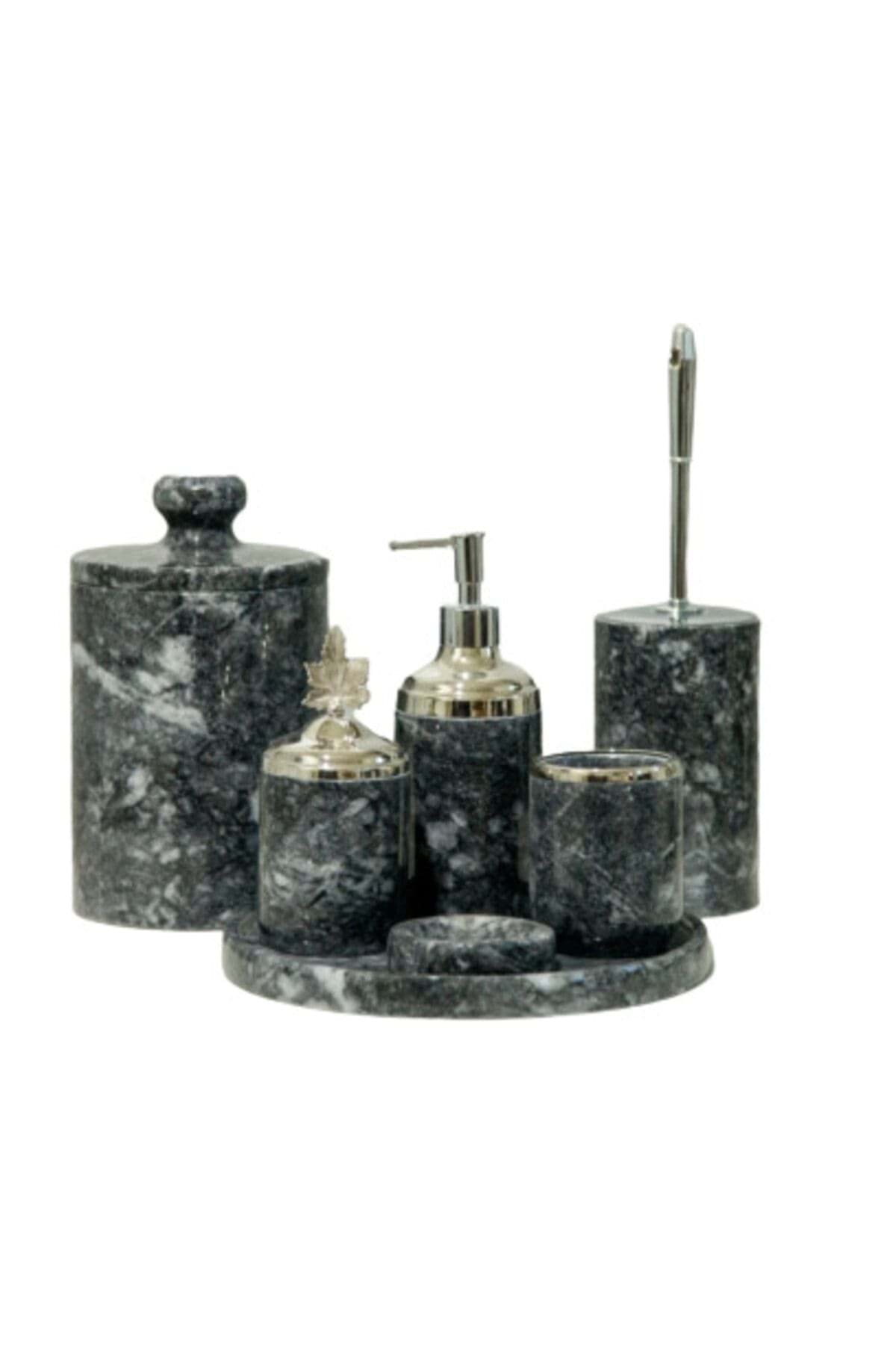 Dekoratif Koyu Gri Mermer Gümüş Yaprak Detaylı 7 Li Banyo Seti Takımı resmi