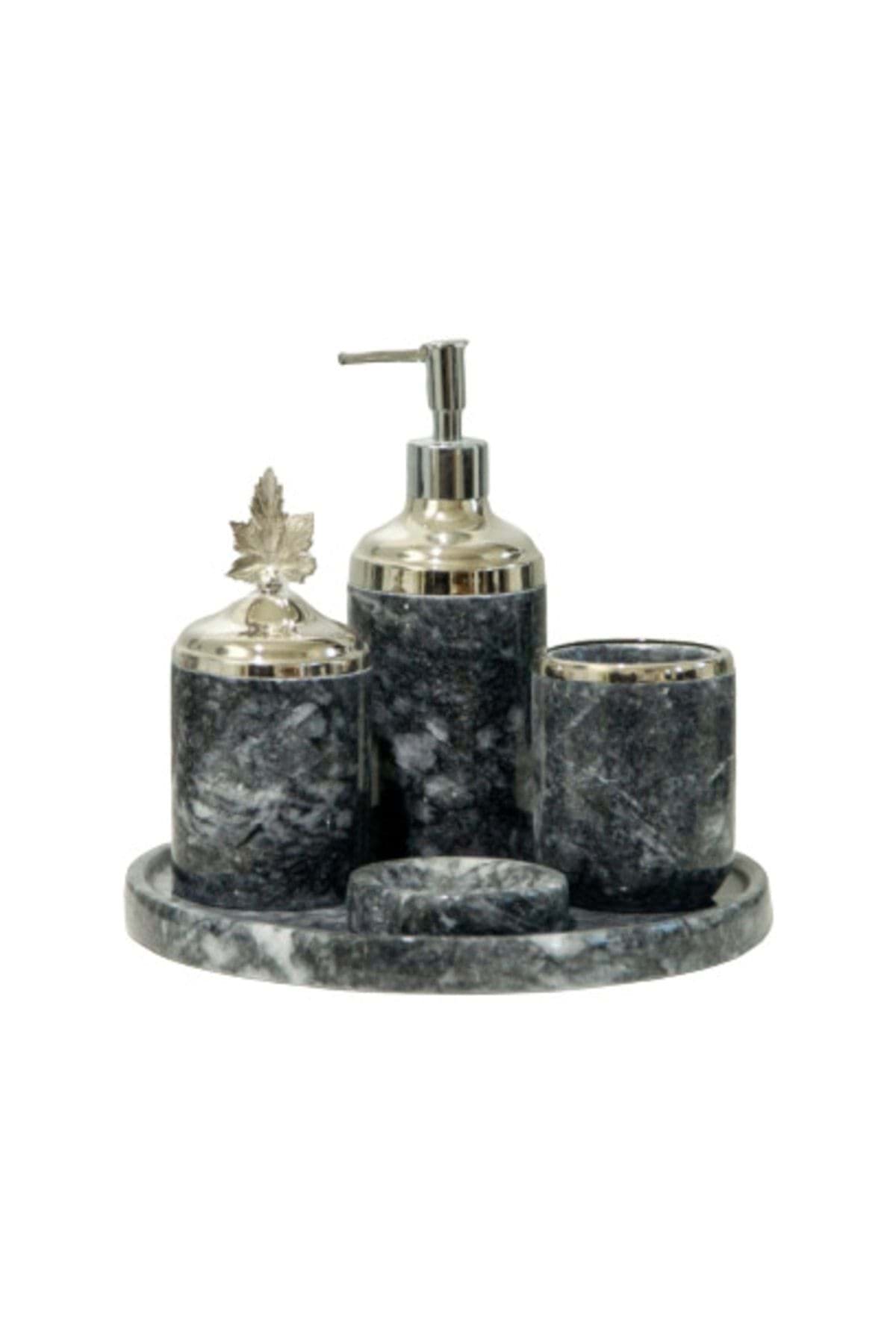 Dekoratif Koyu Gri Mermer Gümüş Yaprak Detaylı 7 Li Banyo Seti Takımı resmi
