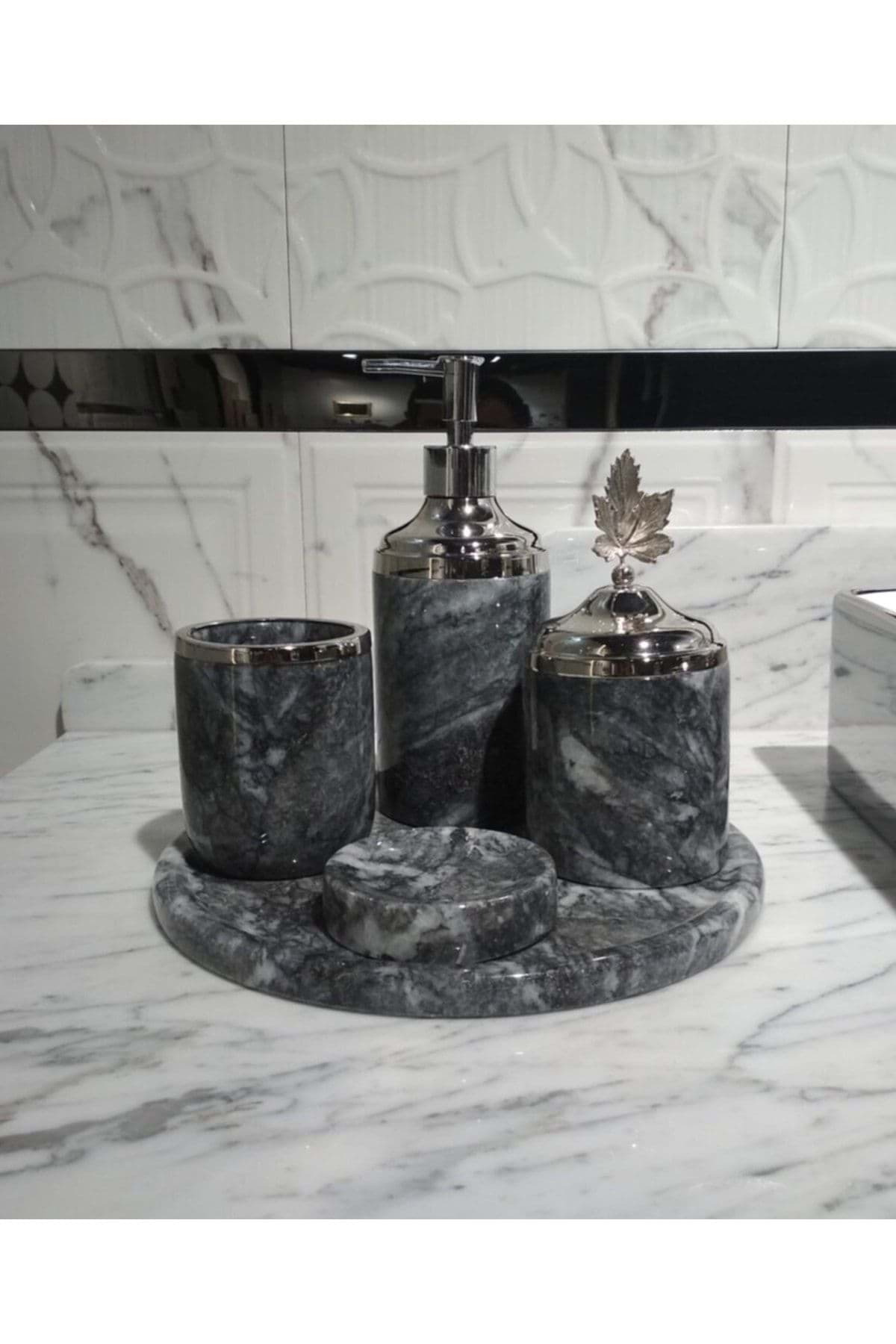Dekoratif Koyu Grı Gri Mermer Gümüş Yaprak Detaylı 5 Li Banyo Seti Takımı resmi