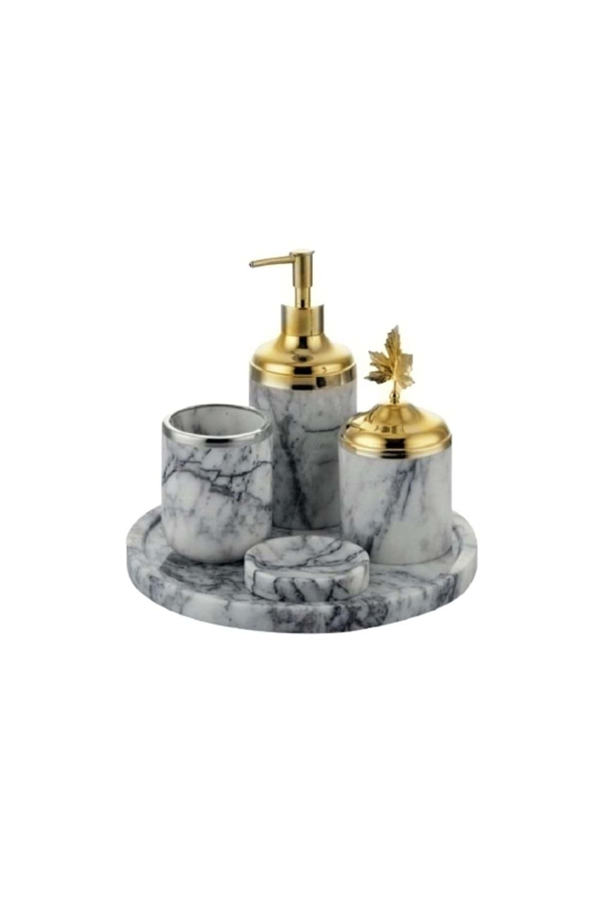Dekoratif Leylak Mermer Gold Yaprak Detaylı 5 Li Banyo Seti Takımı resmi