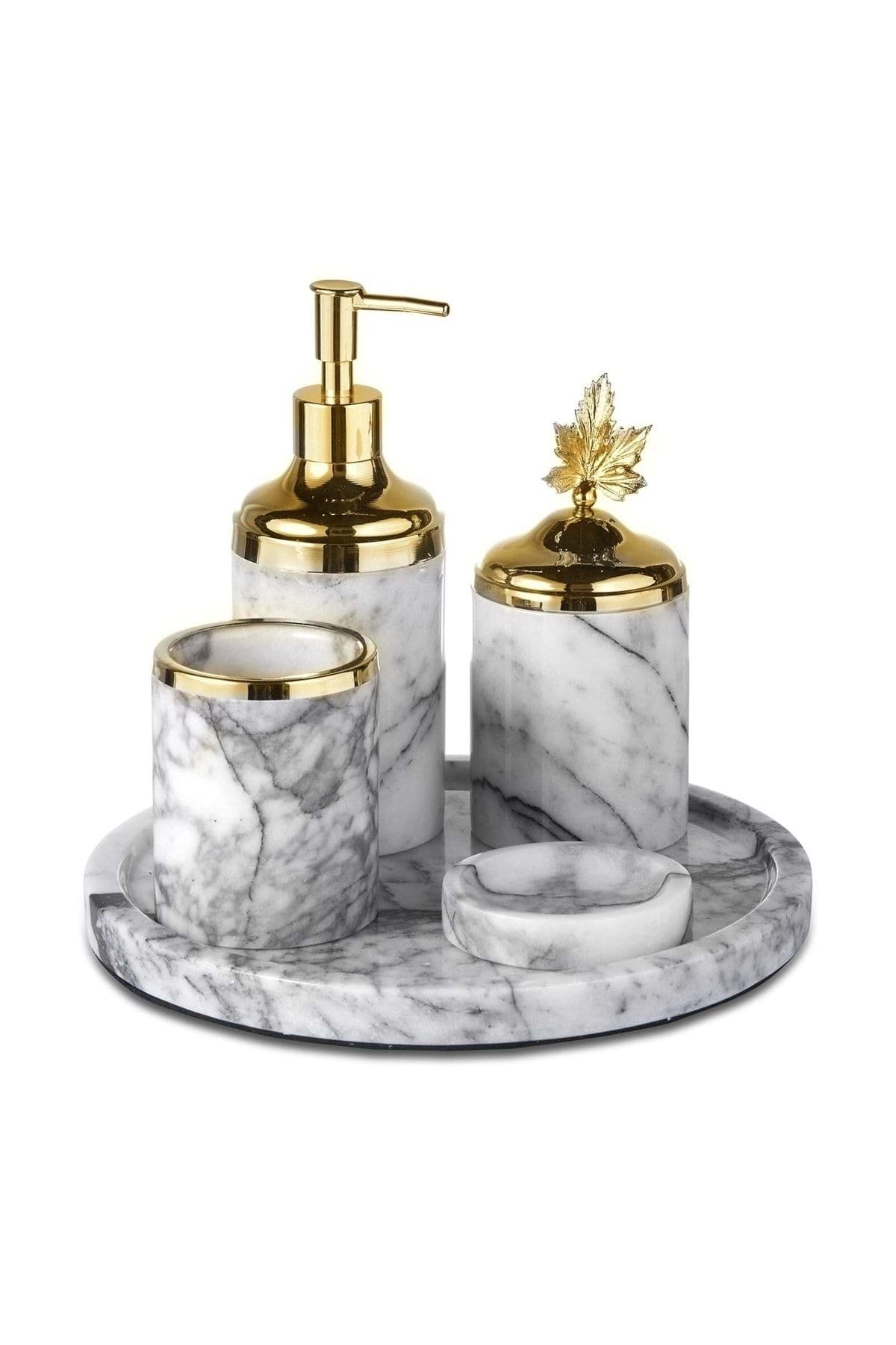 Dekoratif Leylak Mermer Gold Yaprak Detaylı 5 Li Banyo Seti Takımı resmi