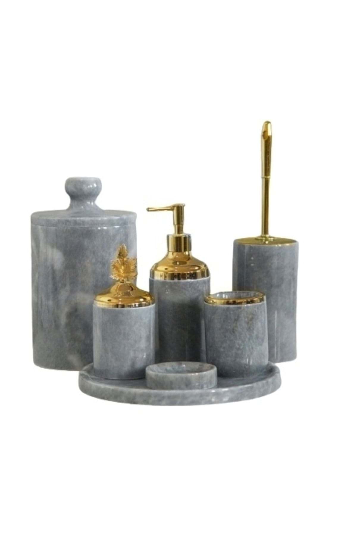 Dekoratif Gri Mermer Gold Yaprak Detaylı 7 Li Banyo Seti Takımı resmi