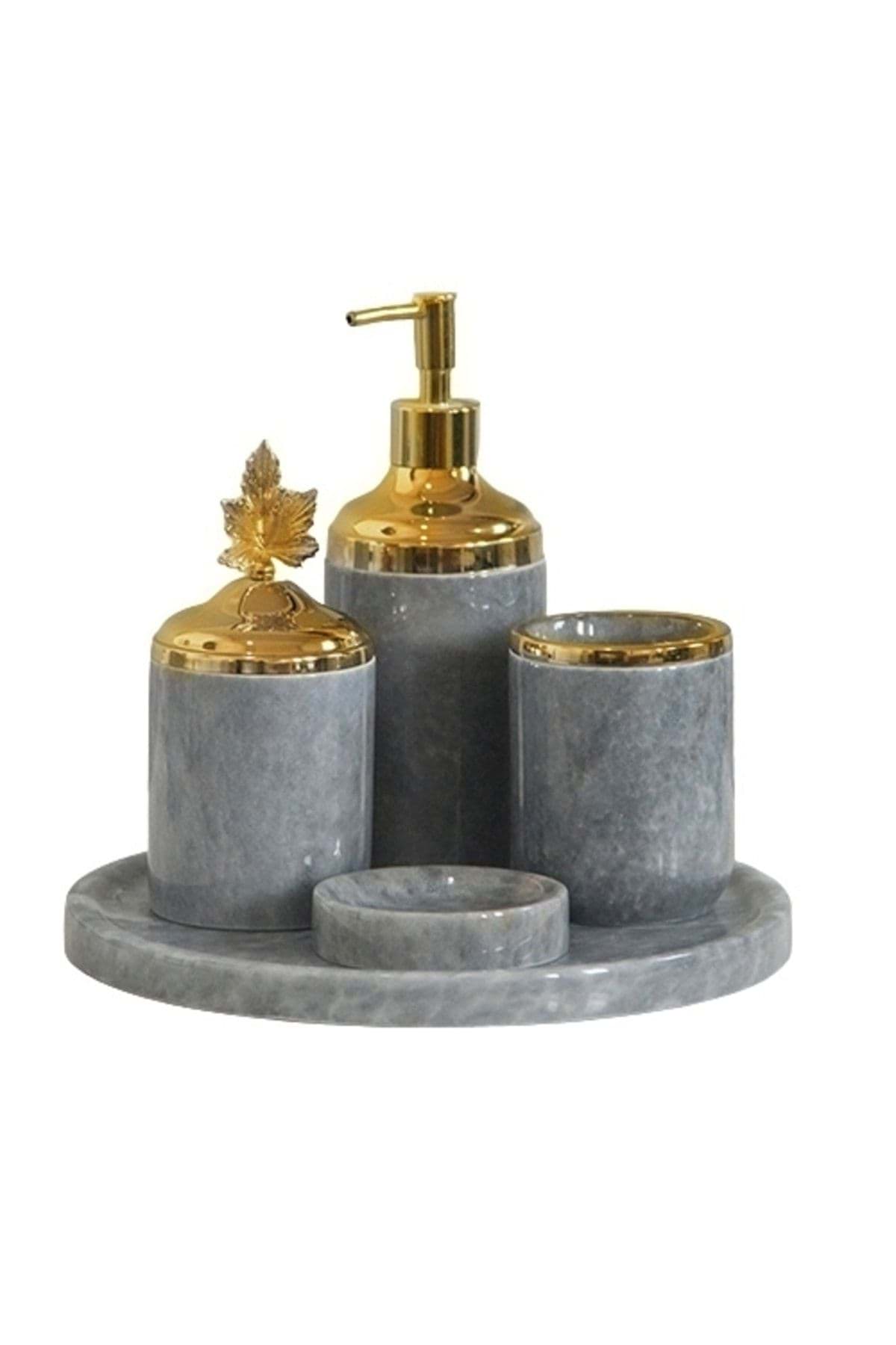 Dekoratif Gri Mermer Goldyaprak Detaylı 5 Li Banyo Seti Takımı resmi