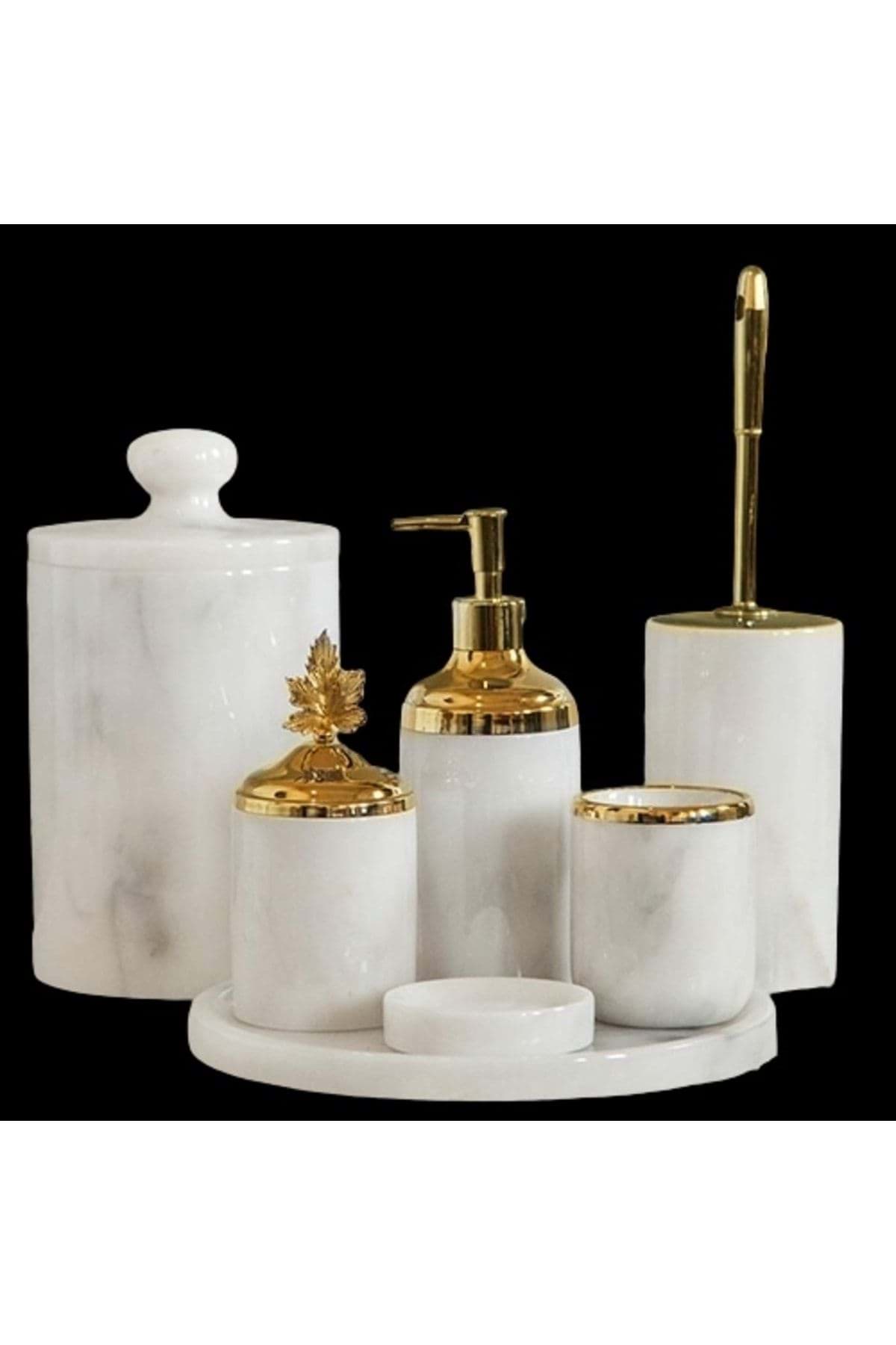 Dekoratif Beyaz Mermer Gold Yaprak Detaylı 7 Li Banyo Seti Takımı resmi