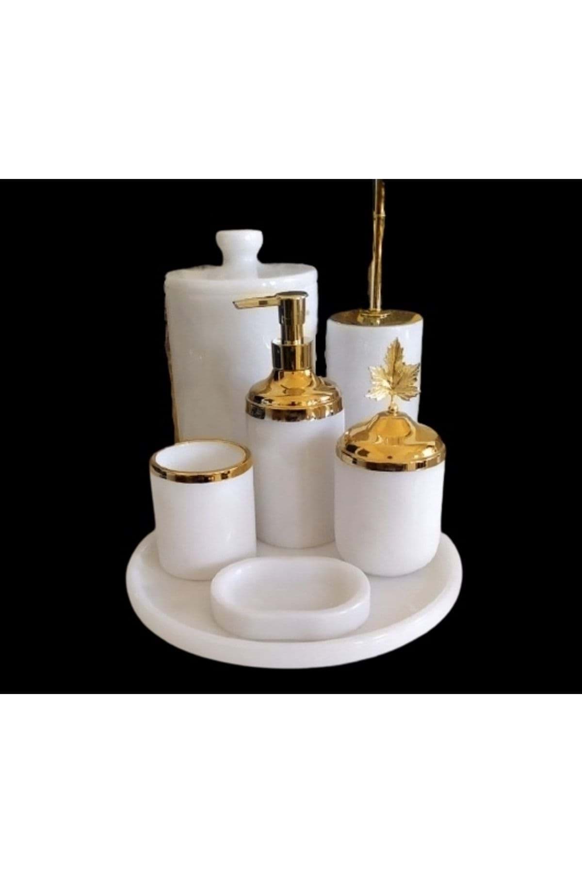 Dekoratif Beyaz Mermer Gold Yaprak Detaylı 7 Li Banyo Seti Takımı resmi