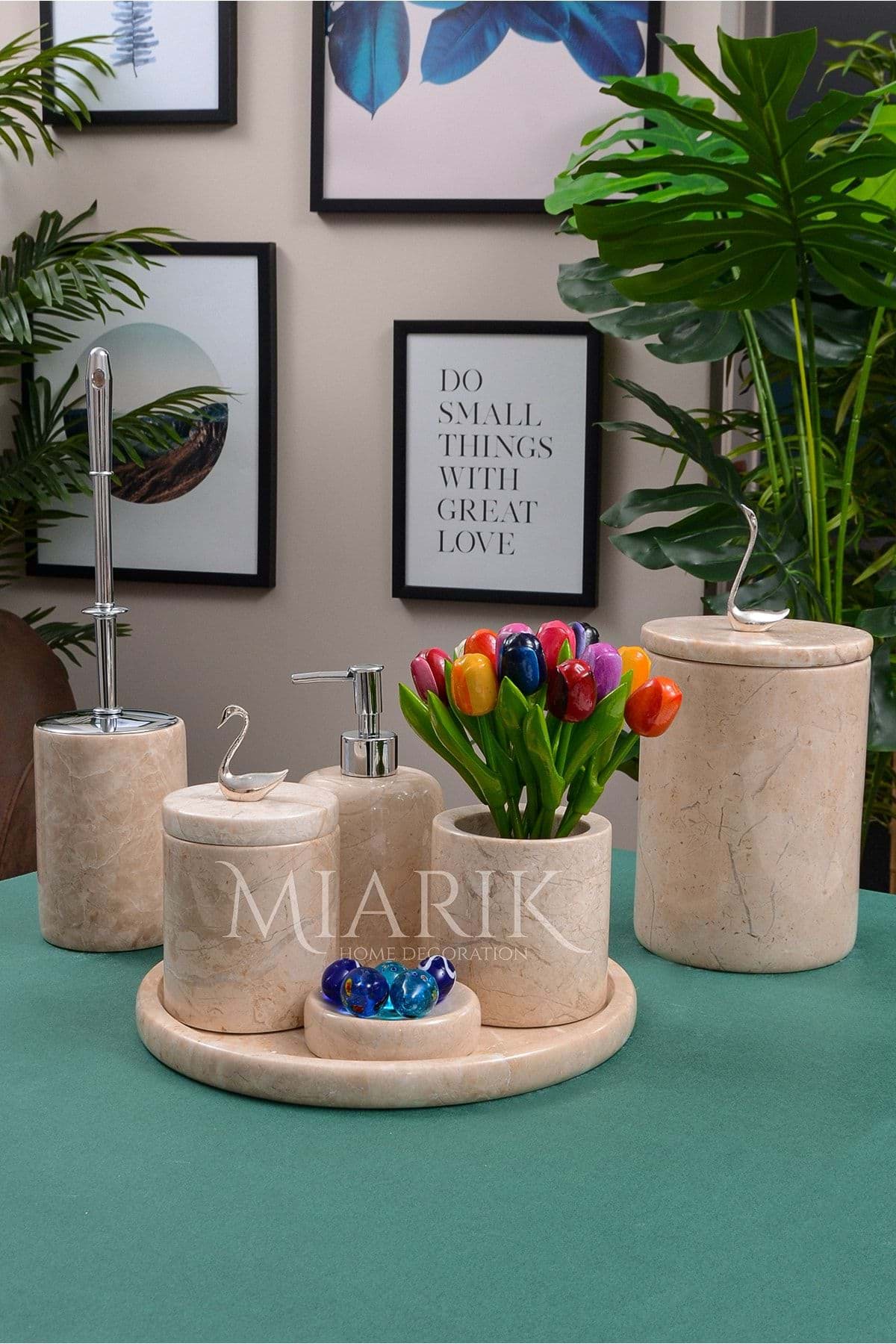 Dekoratif Bej Mermer Gümüş Kuş Kuğu Detaylı 7 Li Banyo Seti Takımı resmi