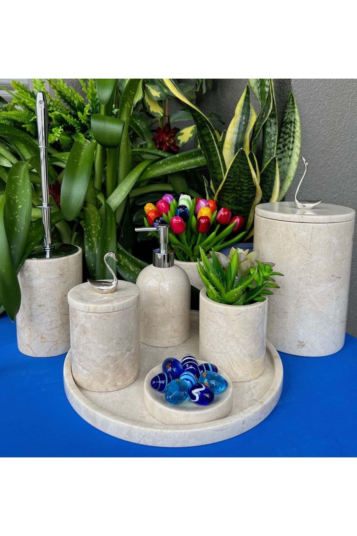 Dekoratif Bej Mermer Gümüş Kuş Kuğu Detaylı 7 Li Banyo Seti Takımı resmi