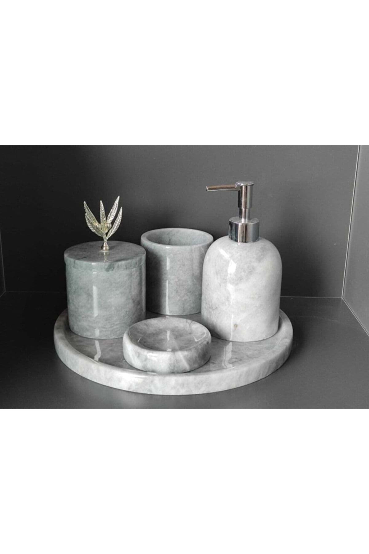 Dekoratif Grı Mermer Gumus Zeytin Dalı Detaylı 5 Li Banyo Seti Takımı resmi