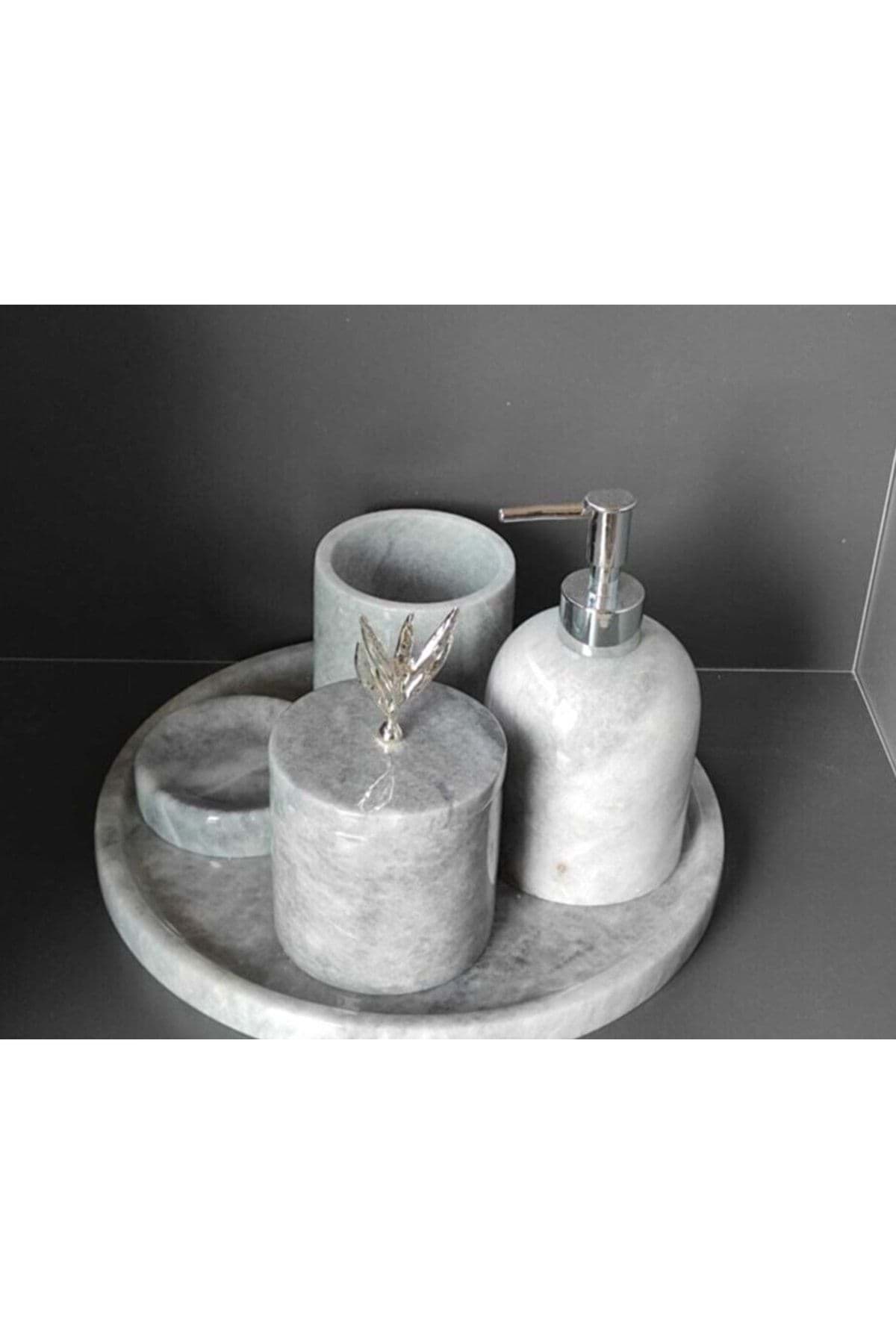 Dekoratif Grı Mermer Gumus Zeytin Dalı Detaylı 5 Li Banyo Seti Takımı resmi