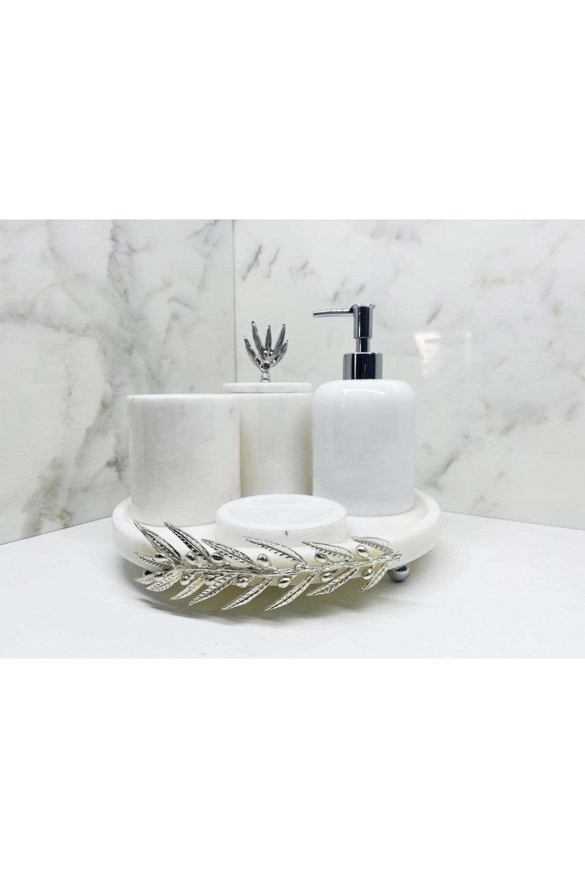 Dekoratif Beyaz Mermer Gumus Zeytin Dalı Detaylı 5 Li Banyo Seti Takımı resmi