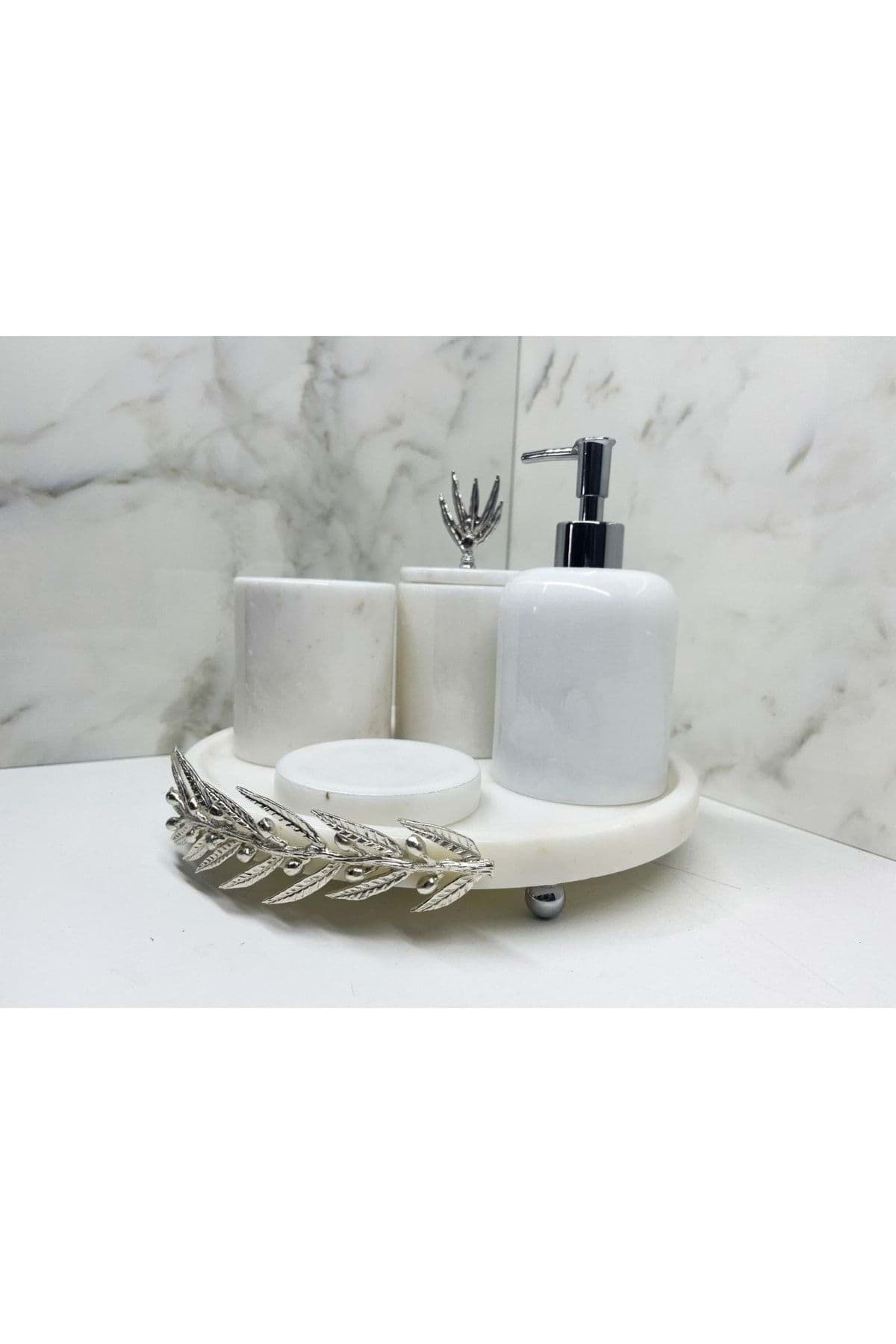 Dekoratif Beyaz Mermer Gumus Zeytin Dalı Detaylı 5 Li Banyo Seti Takımı resmi