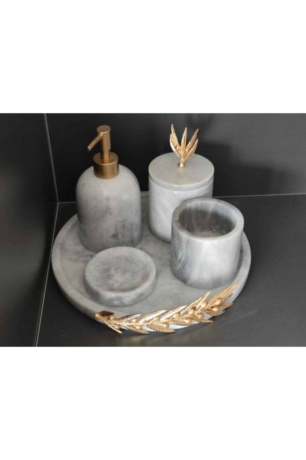 Dekoratif Grı Mermer Gold Altın Zeytin Dalı Detaylı 5 Li Banyo Seti Takımı resmi