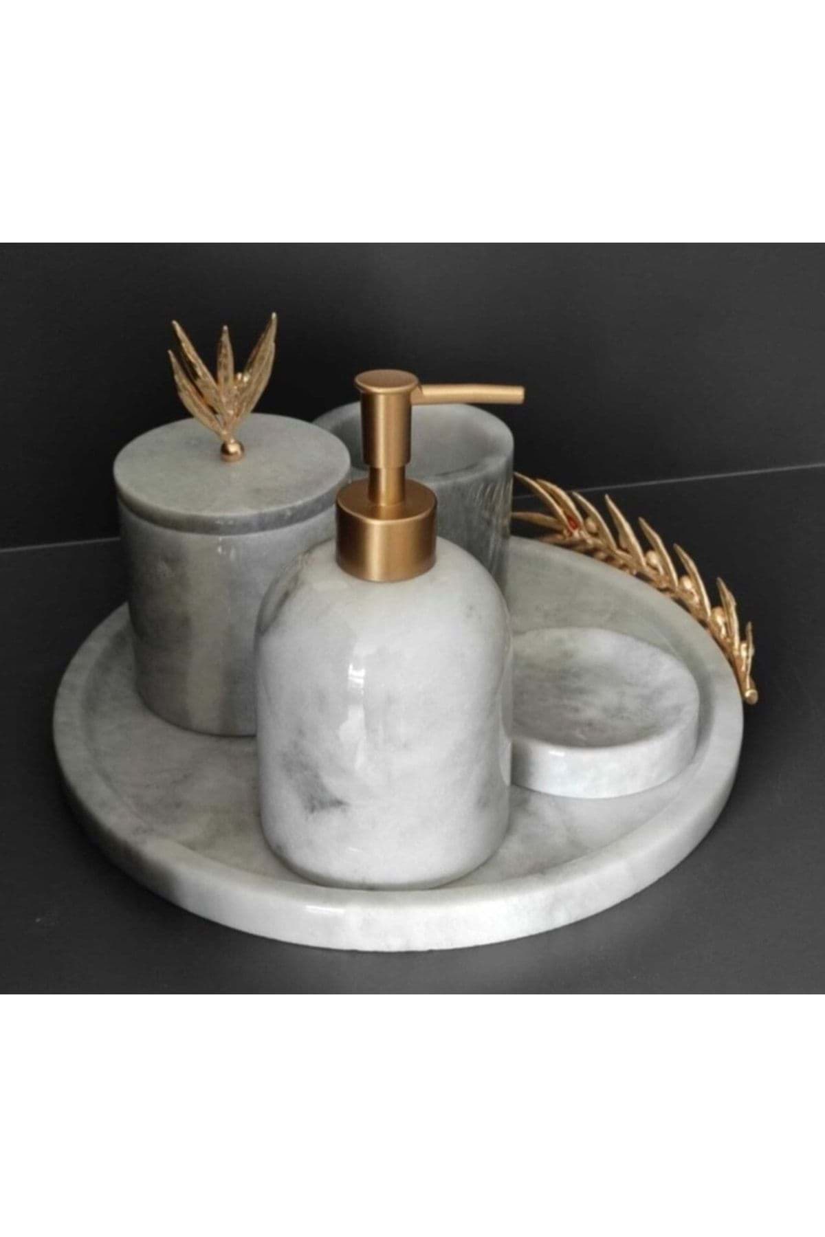 Dekoratif Grı Mermer Gold Altın Zeytin Dalı Detaylı 5 Li Banyo Seti Takımı resmi
