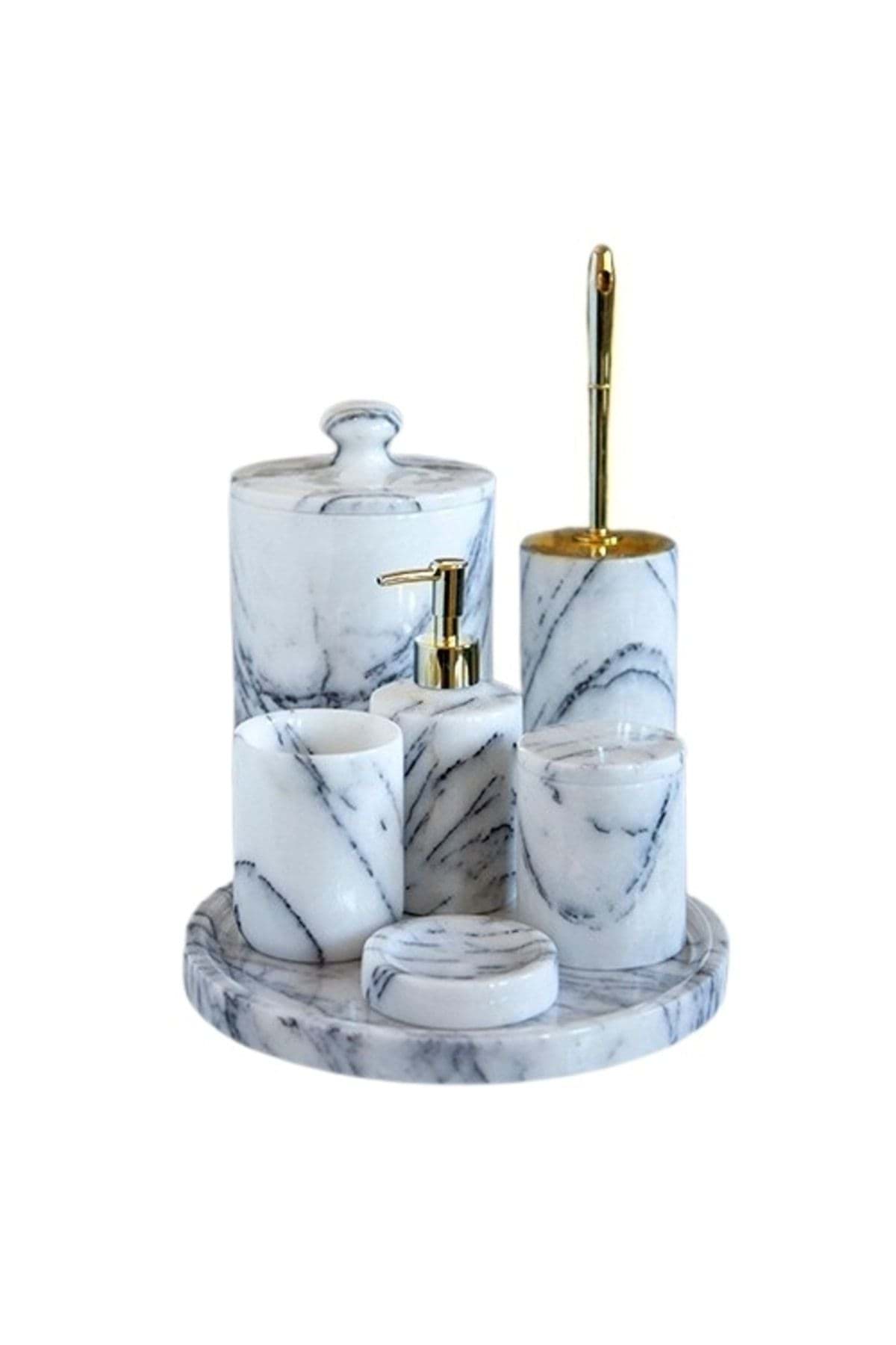 Dekoratif Leylak Beyaz Mermer Gold Altın Detaylı 7 Li Banyo Seti Takımı resmi