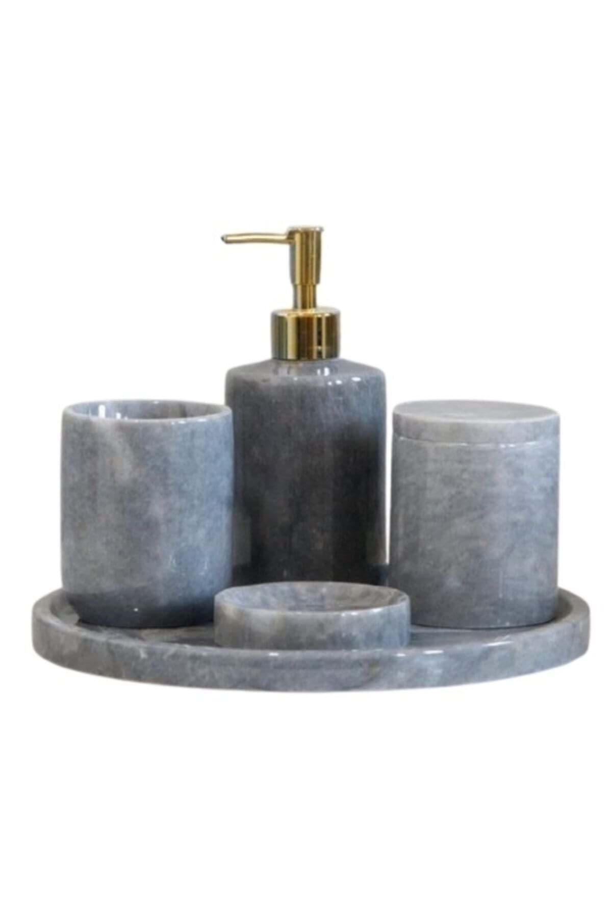 Dekoratif Gri Mermer Gold Altın Detaylı 5 Li Banyo Seti Takımı resmi