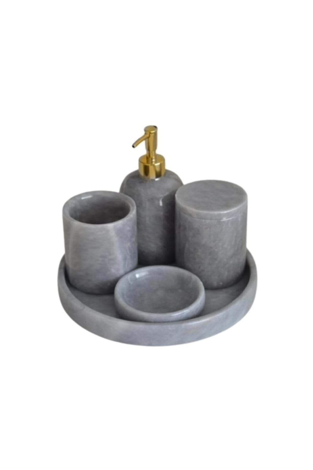 Dekoratif Gri Mermer Gold Altın Detaylı 5 Li Banyo Seti Takımı resmi
