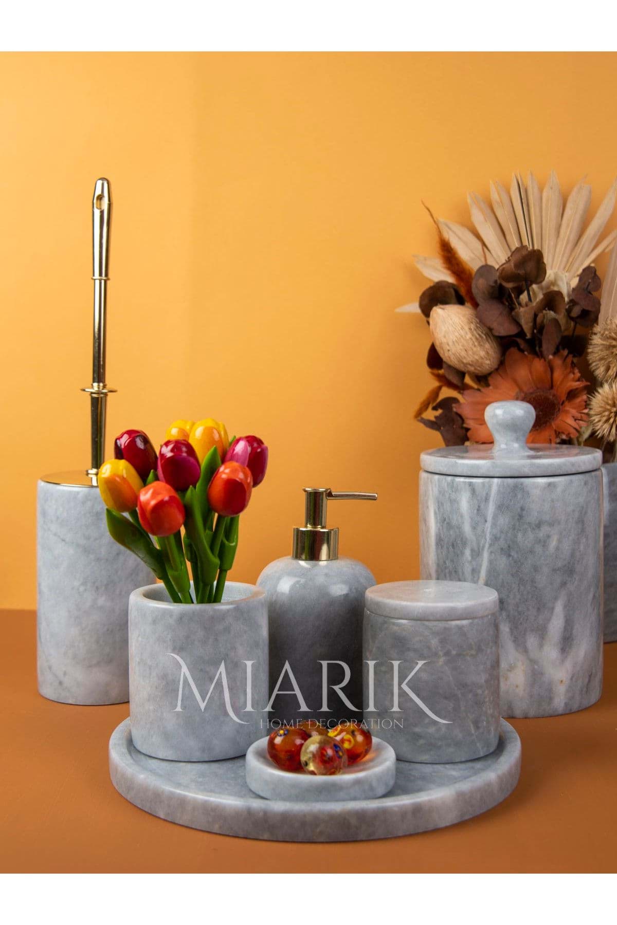 Dekoratif Gri Mermer Gold Altın Detaylı 7 Li Banyo Seti Takımı resmi