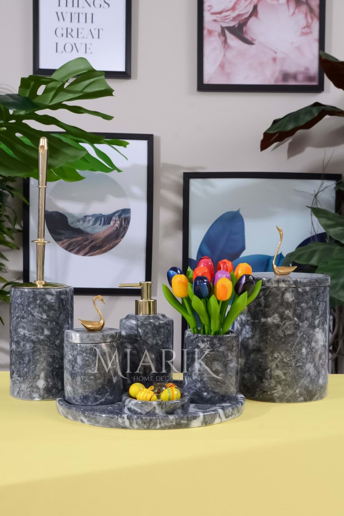 Dekoratif Koyu Gri Mermer Gold Kuş Kuğu Detaylı 7li Banyo Seti Takımı resmi