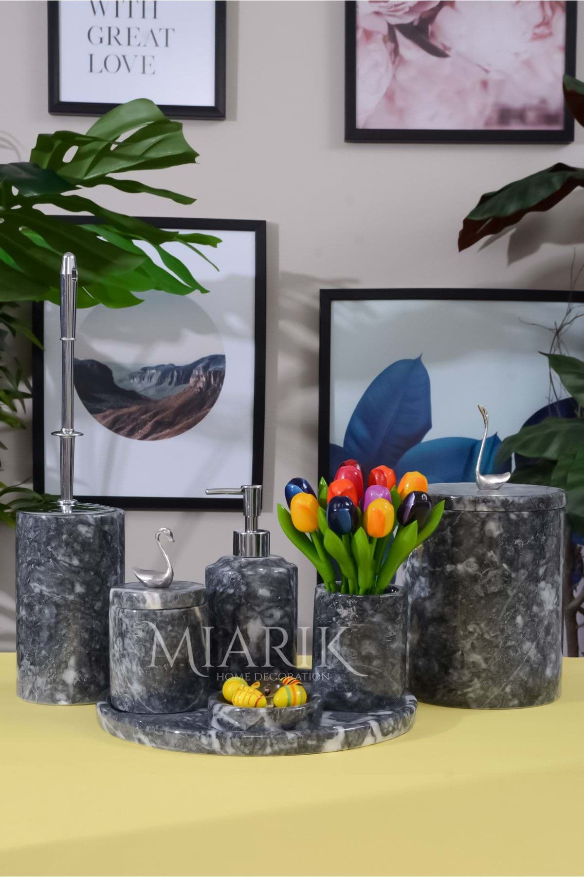 Dekoratif Koyu Gri Mermer Gümüş Kuş Kuğu Detaylı 7 Li Banyo Seti Takımı resmi