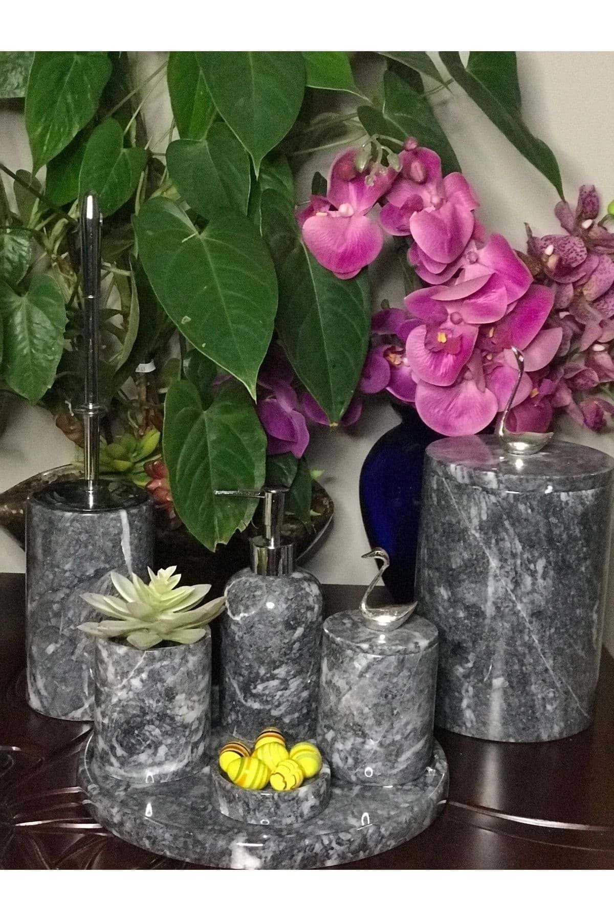 Dekoratif Koyu Gri Mermer Gümüş Kuş Kuğu Detaylı 7 Li Banyo Seti Takımı resmi